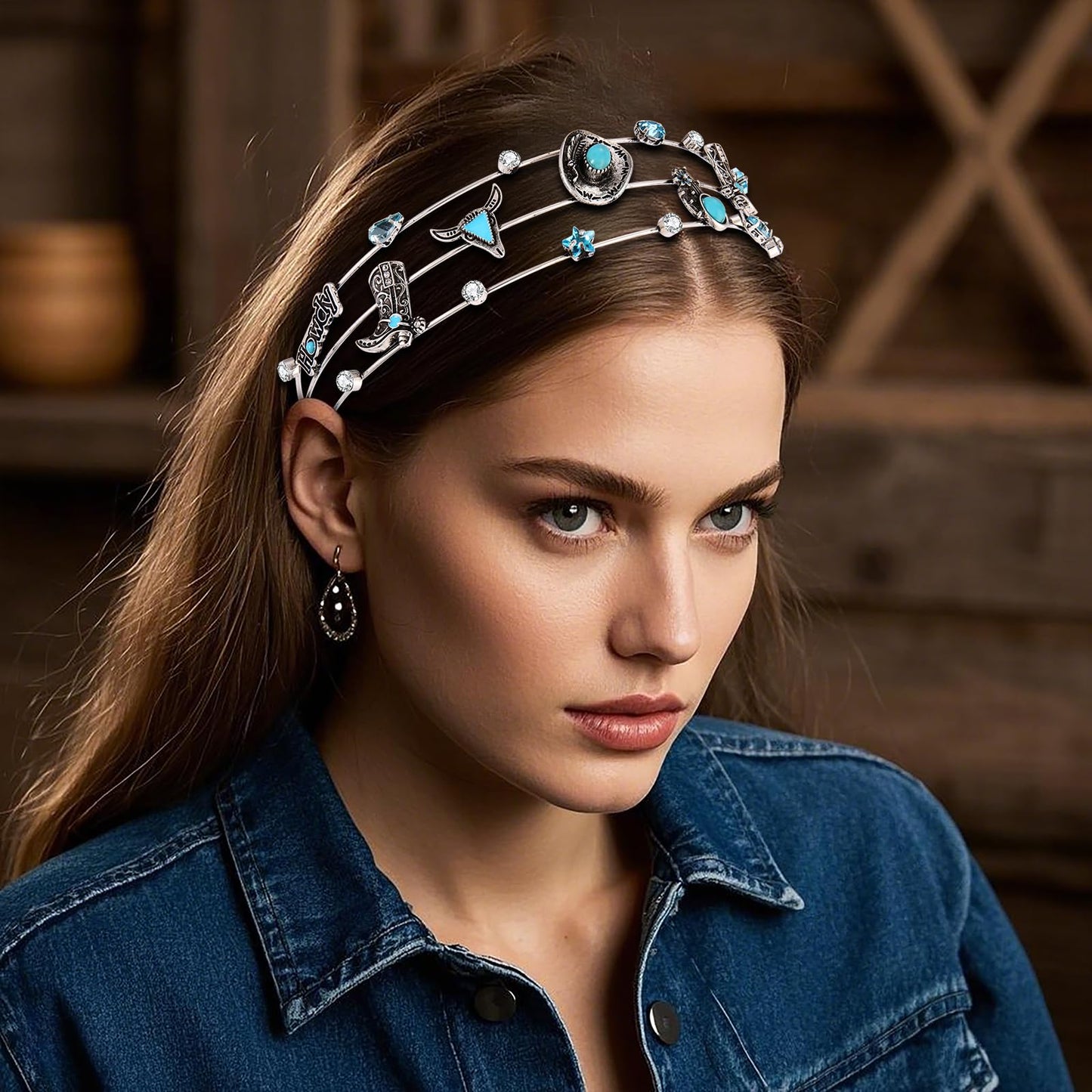 vokone Headbands for Women,Cowgirl Headbands Blue Horseshoe Horsehead Hairbands Rodeo Hair Accessory Gifts
