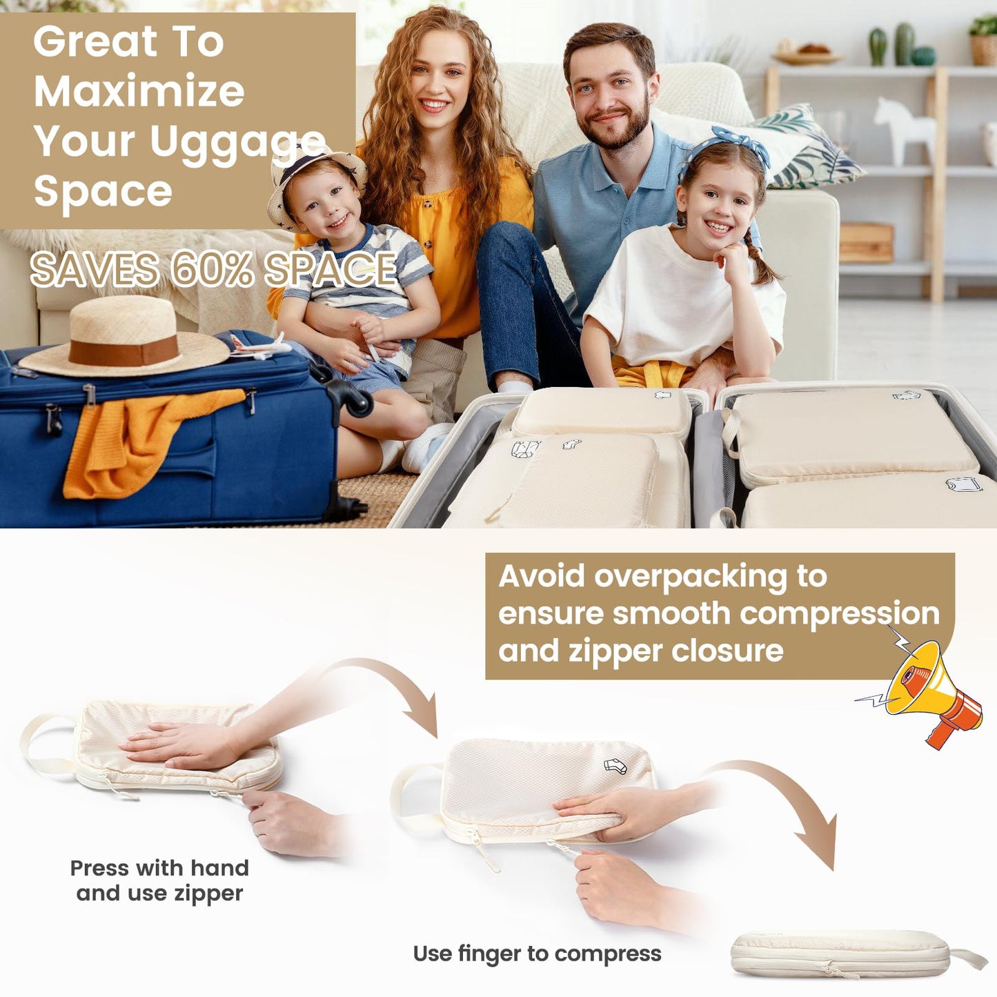 Compression Packing Cubes for Backpack,8 PCS Travel Packing Cubes for Suitcases Waterproof Suitcase Organiser Bags Travel Essentials(Beige)