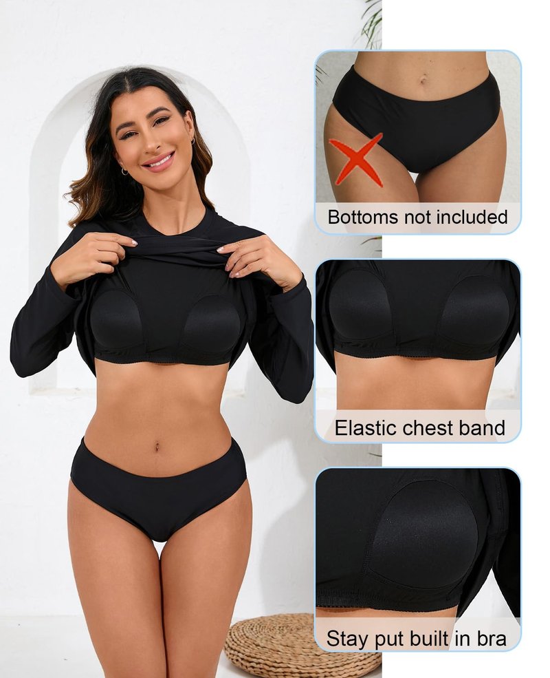 Halcurt Womens Long Sleeve Rash Guard Swim Shirts with Built in Bra UPF50+ Sun Protection Swimsuit Top Black L