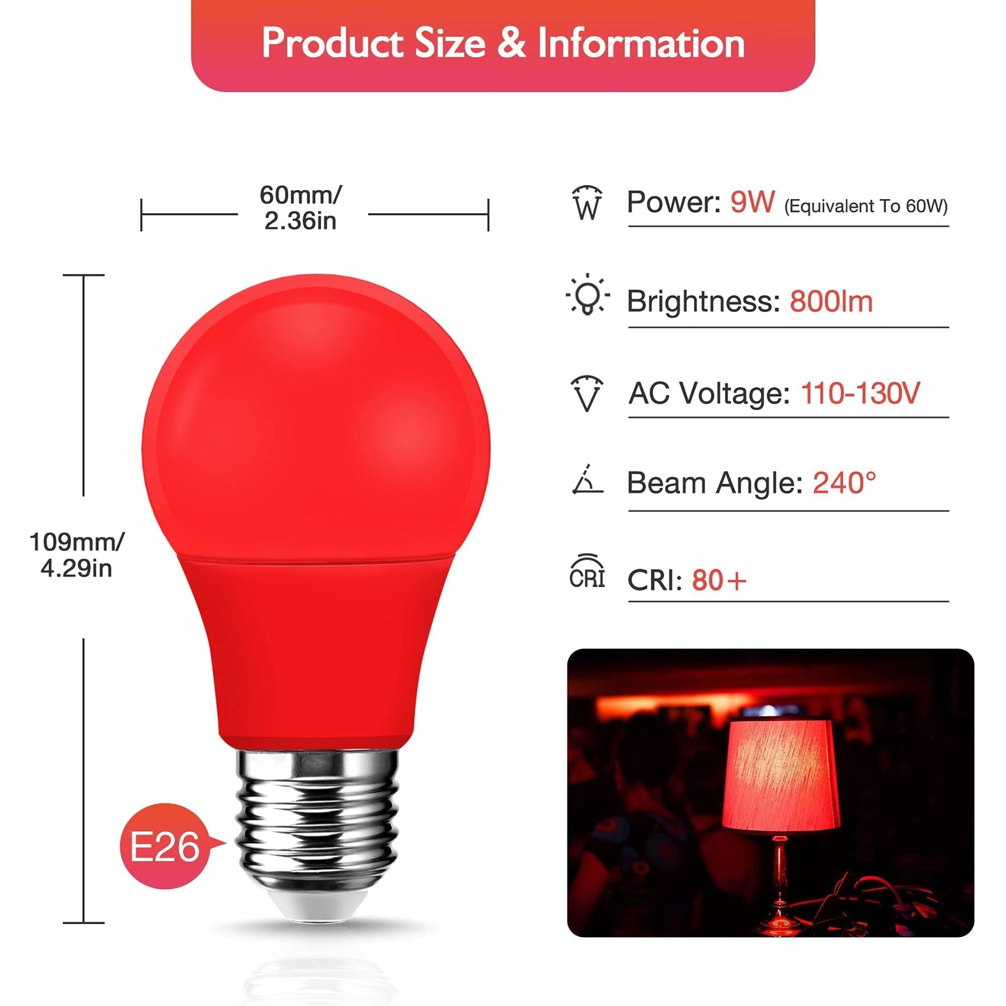 EvaStary Red LED Light Bulb 60W Equivalent, A19 E26 Base, 9W for Halloween, Christmas Decoration, Party, Bars, Porch Lights, Holiday Mood Lighting, Pack of 2