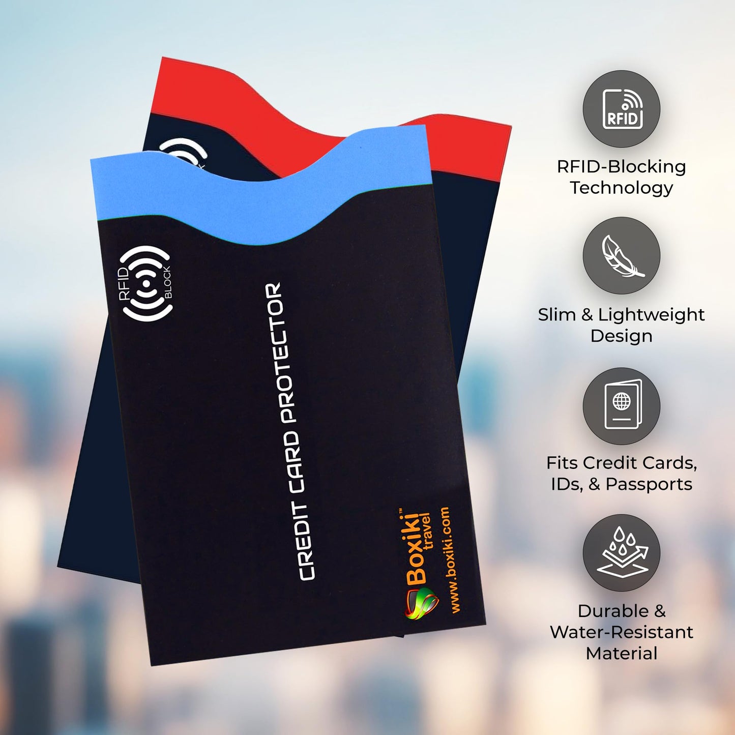 Boxiki Travel RFID Blocking Sleeves, Set with Color Coding, Navy Blue, Unisex Wallet, Protects Credit Cards and Passports