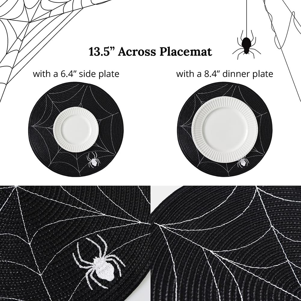 Feuille Round Halloween Placemats Set of 4 13.5 Inch Spider Web Placemats for Round Tables Black and White Spider Placemats Perfect for Halloween Decorations Indoor