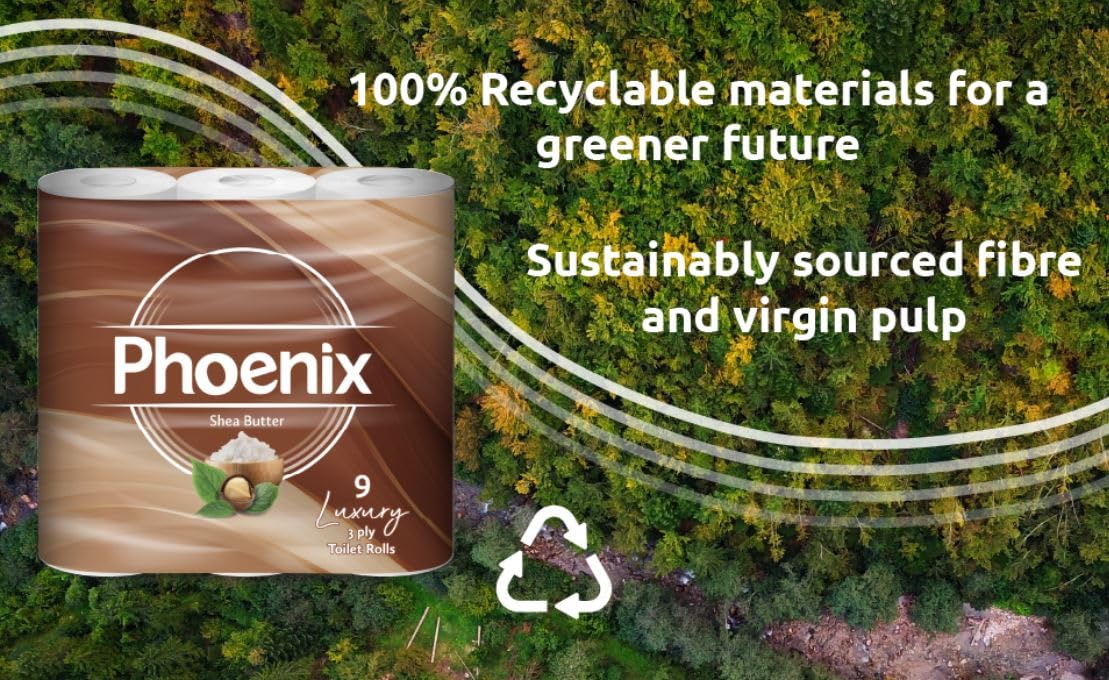 Phoenix Toilet Rolls – 45 Pack | 3 Ply Shea Butter Scented Toilet Paper | Bulk Buy, Soft, Quilted, Sustainably Sourced, Eco- Friendly Luxury Bathroom Tissue