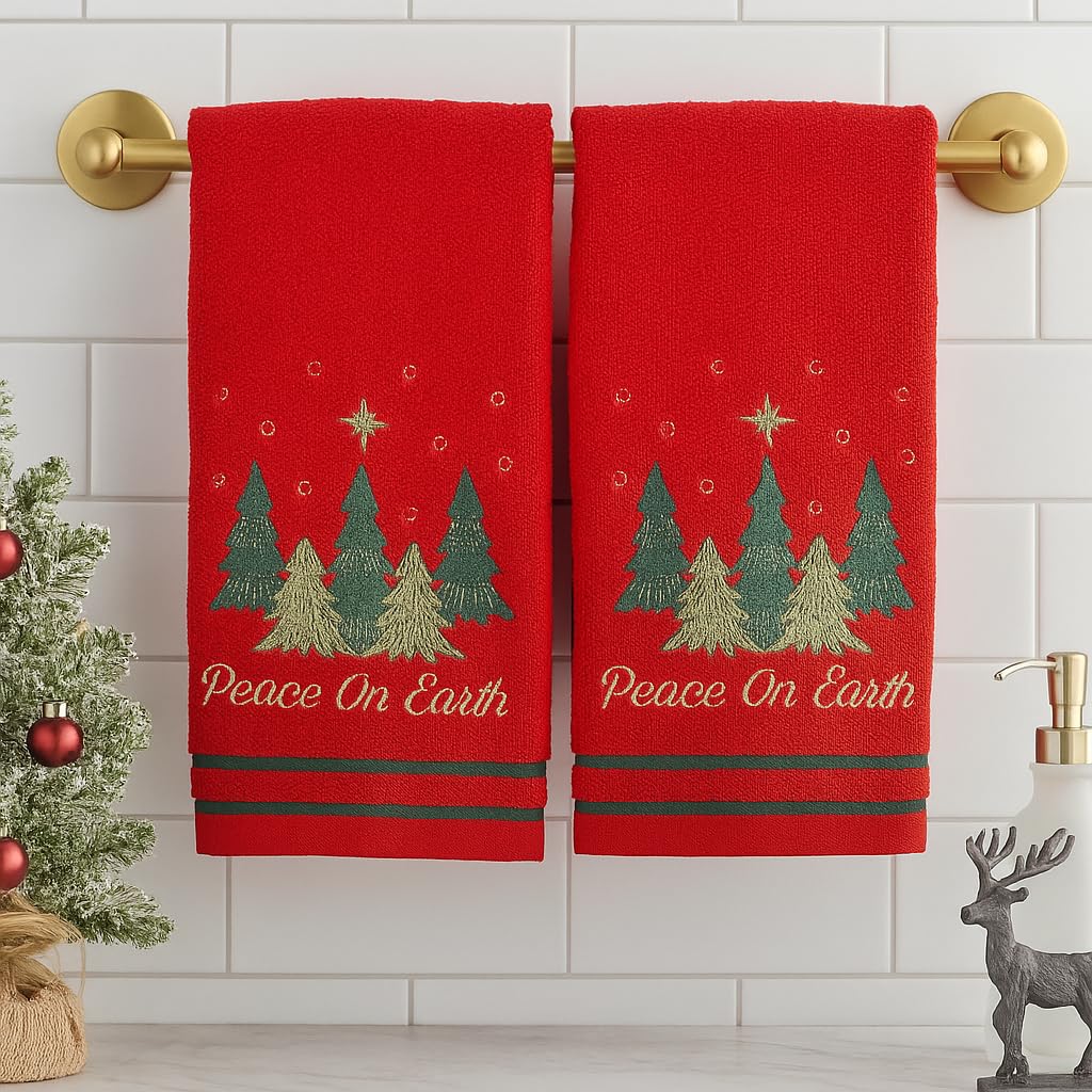 Serafina Home Christmas Hand Towels for Bathroom – Set of 2 Red 100% Cotton Embroidered Christmas Trees & “Peace On Earth” Phrase Design – 25 x 16” Decorative Holiday Bath & Kitchen Towels