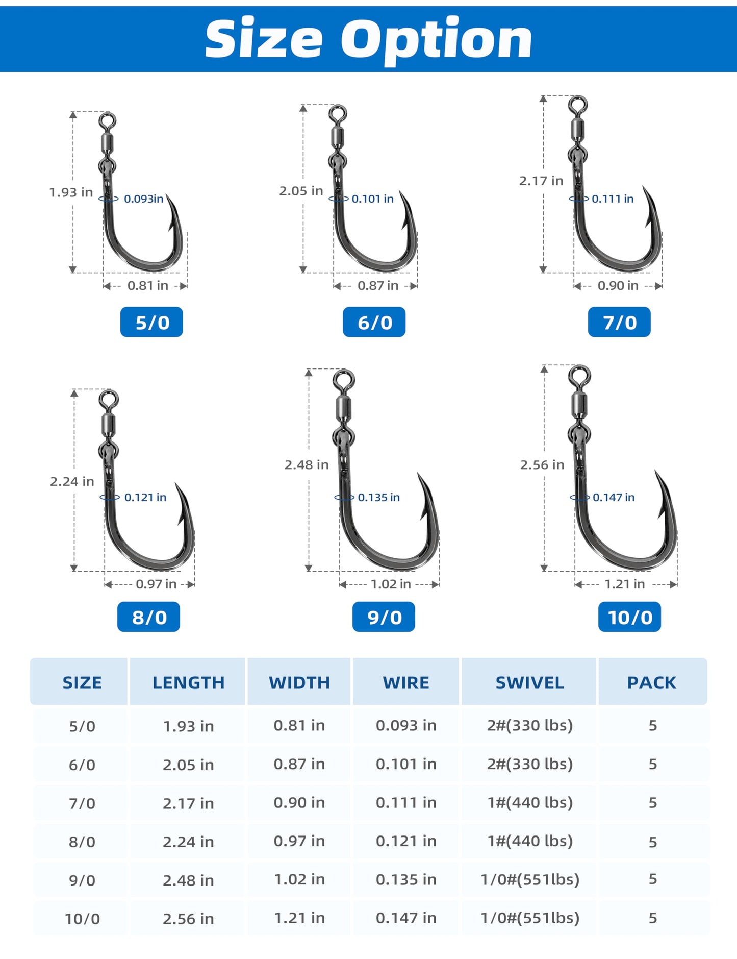 BLUEWING Monster Big Game Live Bait Swivel Hooks High Carbon Steel Fish Ringed Hooks with Stainless Steel Swivel Cutting Point Extra Sharp for Saltwater Fishing 6/0-5pcs