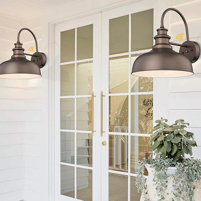 Bestshared 16 Inch Dome Large Dusk to Dawn Sensor Gooseneck Barn Light Anti-Rust Farmhouse Outdoor Wall Sconce Industrial Exterior Wall Lighting Fixture, Outside Lantern G (ORB+White, 16” Dome-1Pack)