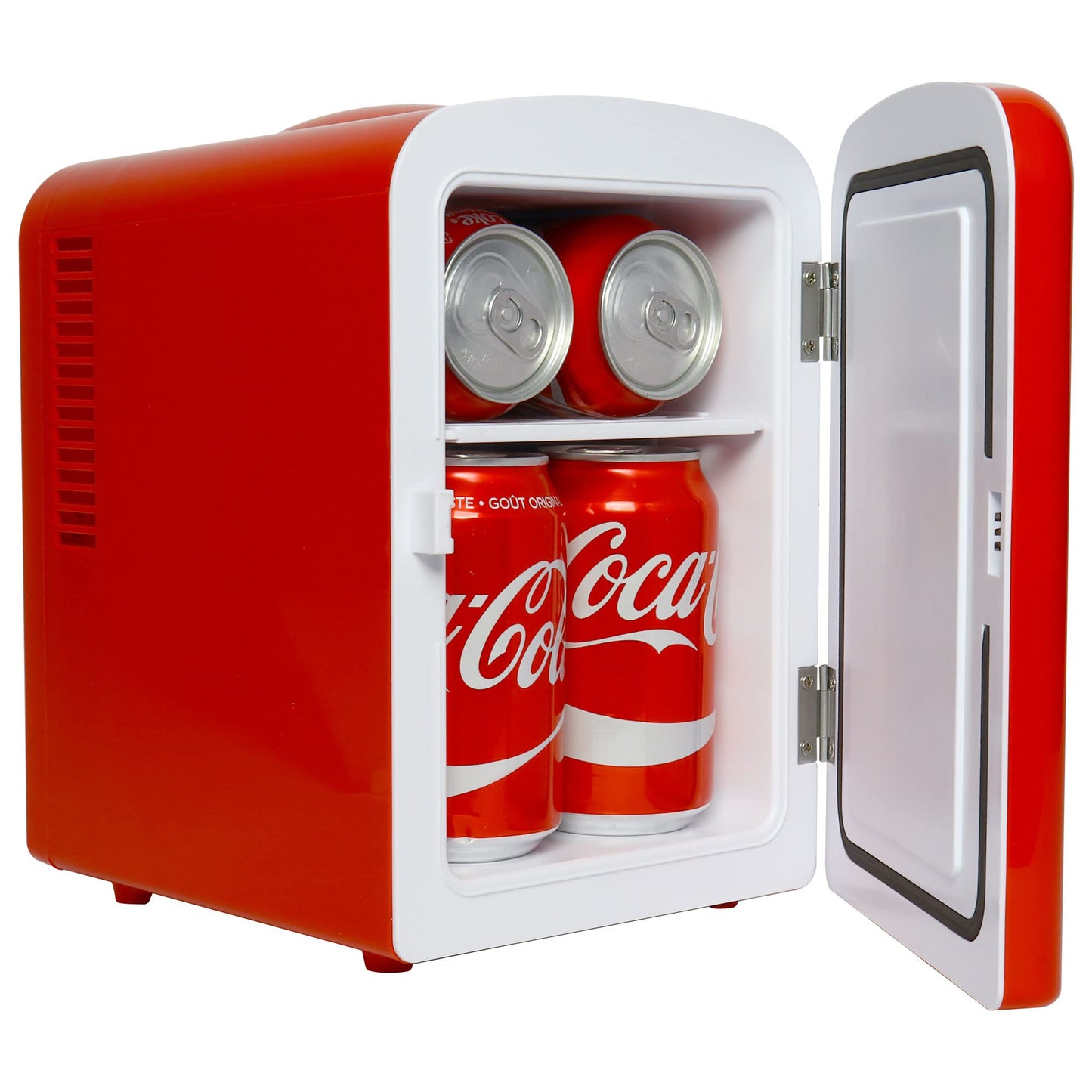 Coca-Cola Classic Coke Bottle 4L Mini Fridge w/ 12V DC and 110V AC Cords, 6 Can Portable Cooler, Personal Travel Refrigerator for Snacks Lunch Drinks Cosmetics, Desk Home Office Dorm, Red