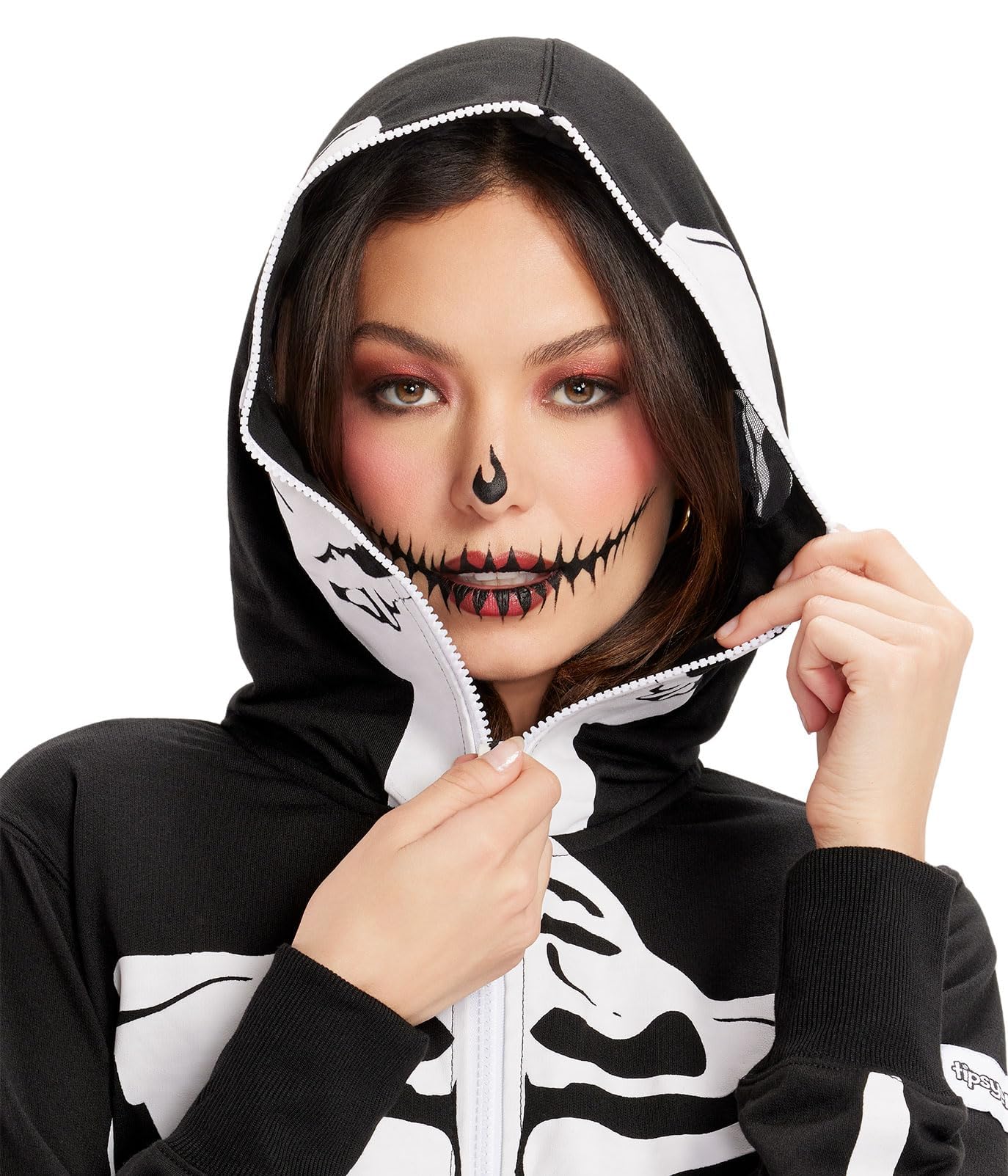 Tipsy Elves Halloween Skeleton Costume for Women - Comfy Easy Adult Onesie Jumpsuit - Front and Back Print with Zip Up Mask - Women's White Skeleton Jumpsuit Halloween Costume Size Medium