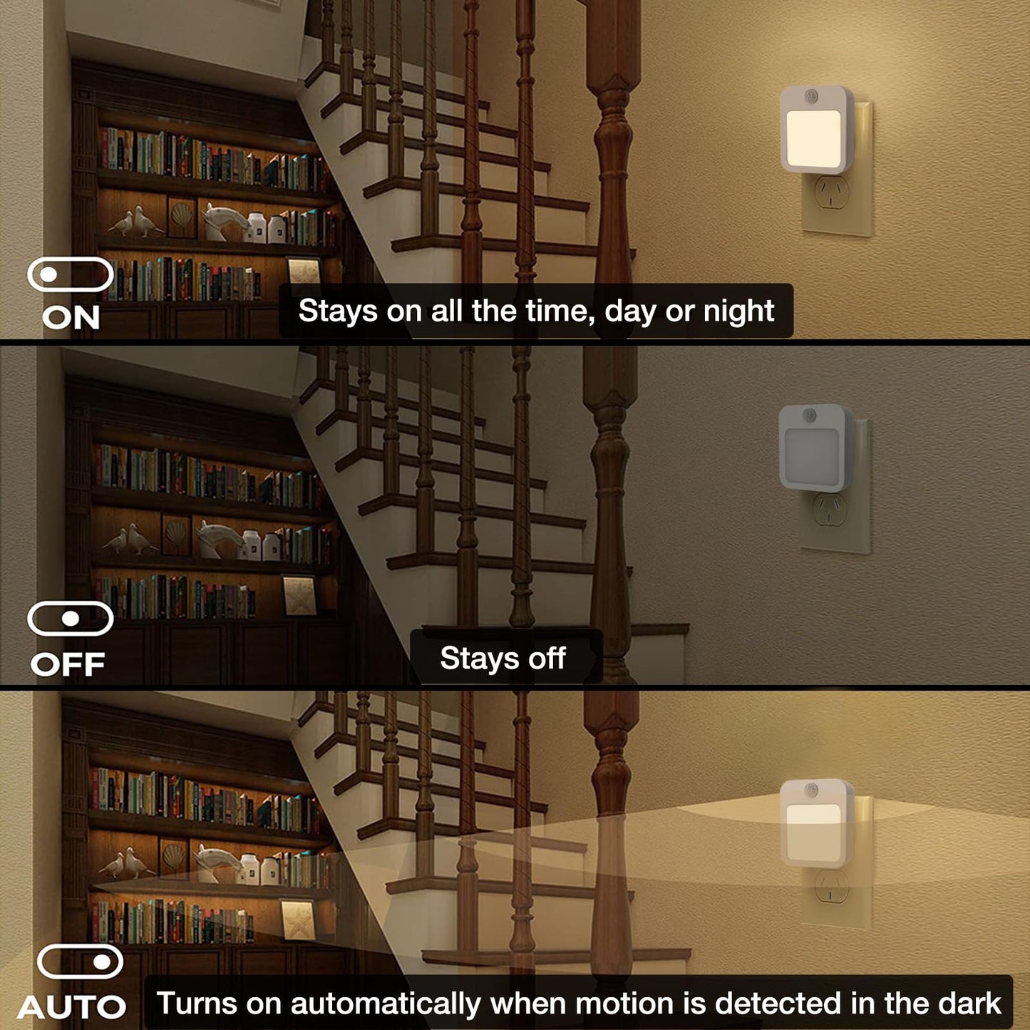 Dimmable Night Light Plug-in, Motion Sensor Plug in to Wall Night Light 3000K 2 Pack with On Off Auto Switch Adjustable Brightness for Hallway Bedroom Kids Room