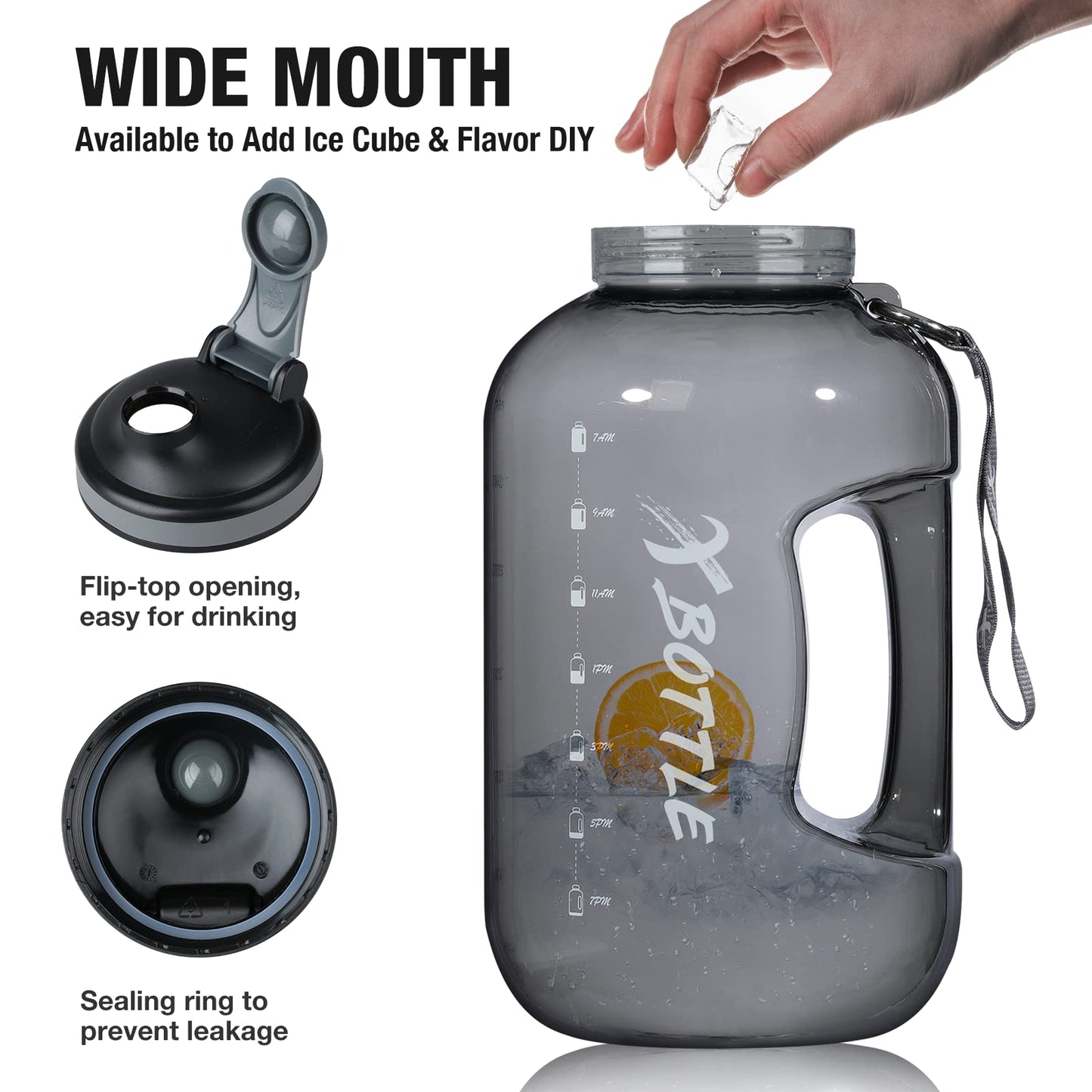 1 Gallon BPA Free Dishwasher Safe 128oz Large Water Bottle with Motivational Time Marker and Handle - Leak-proof Big Black Water Jug for Camping, Sports, Workouts (Chug Lid)