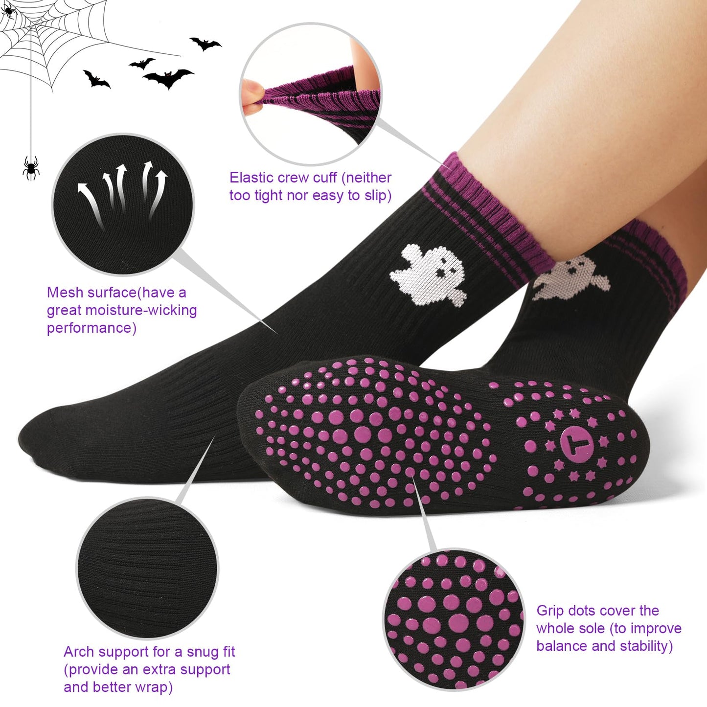 Toes Home Pilates Socks for Women, Halloween Gifts Yoga Crew Non Slip Grippy Socks for Barre Hospital Sticky Slippers 4 Pairs