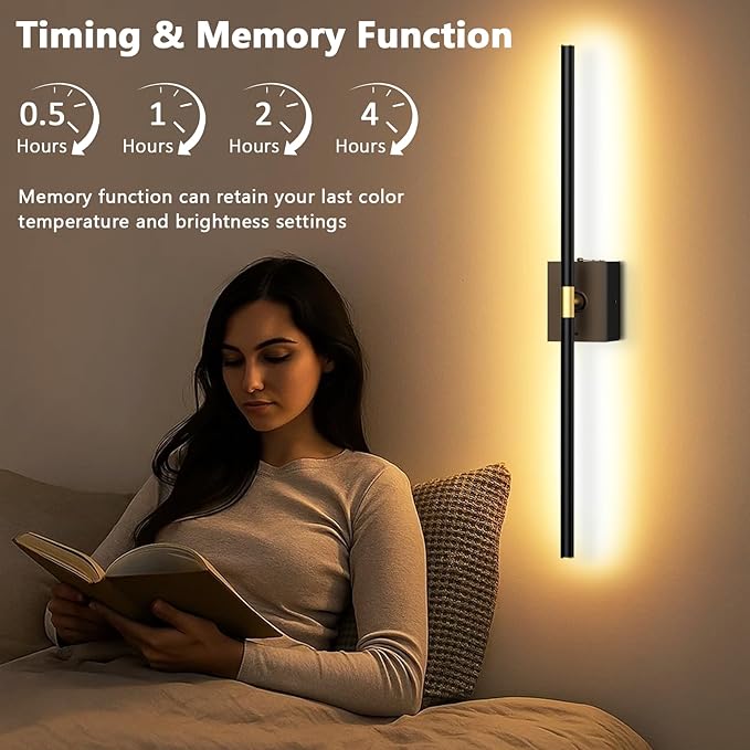 Battery Operated Wall Sconces Set of 2: 10000mAh Rechargeable Wall Sconce with Touch and Remote, 360° Rotate, 4CCT Dimmable Wireless Wall Light LED Wall Lamp for Living Room Bedroom Bathroom, Black