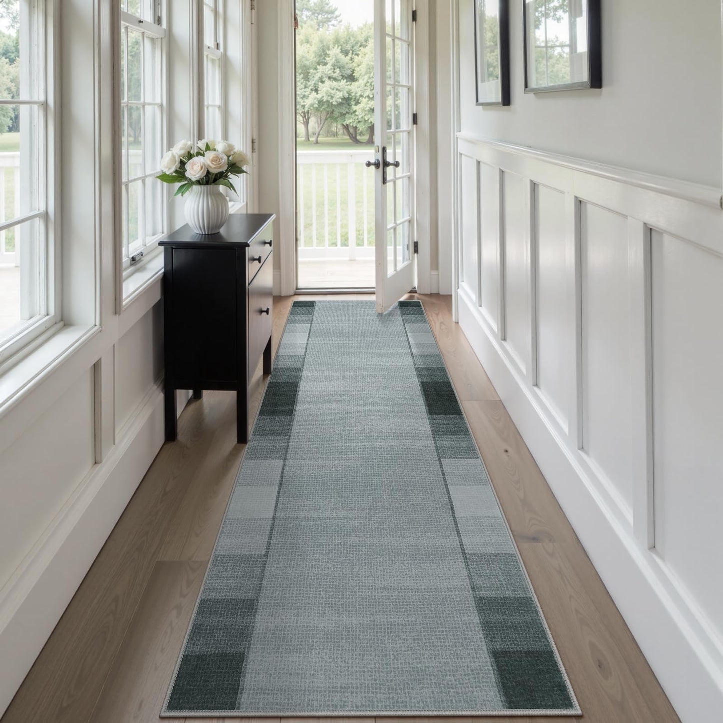 Uphome Modern Runners for Hallways, 2'6x8 Washable Checkered Kitchen Runner Rugs Non Slip, Stain Resistant Ombre Geometric Entryway Runner Rug Low Pile, Soft Carpet for Hallway Bedroom Bathroom, Grey