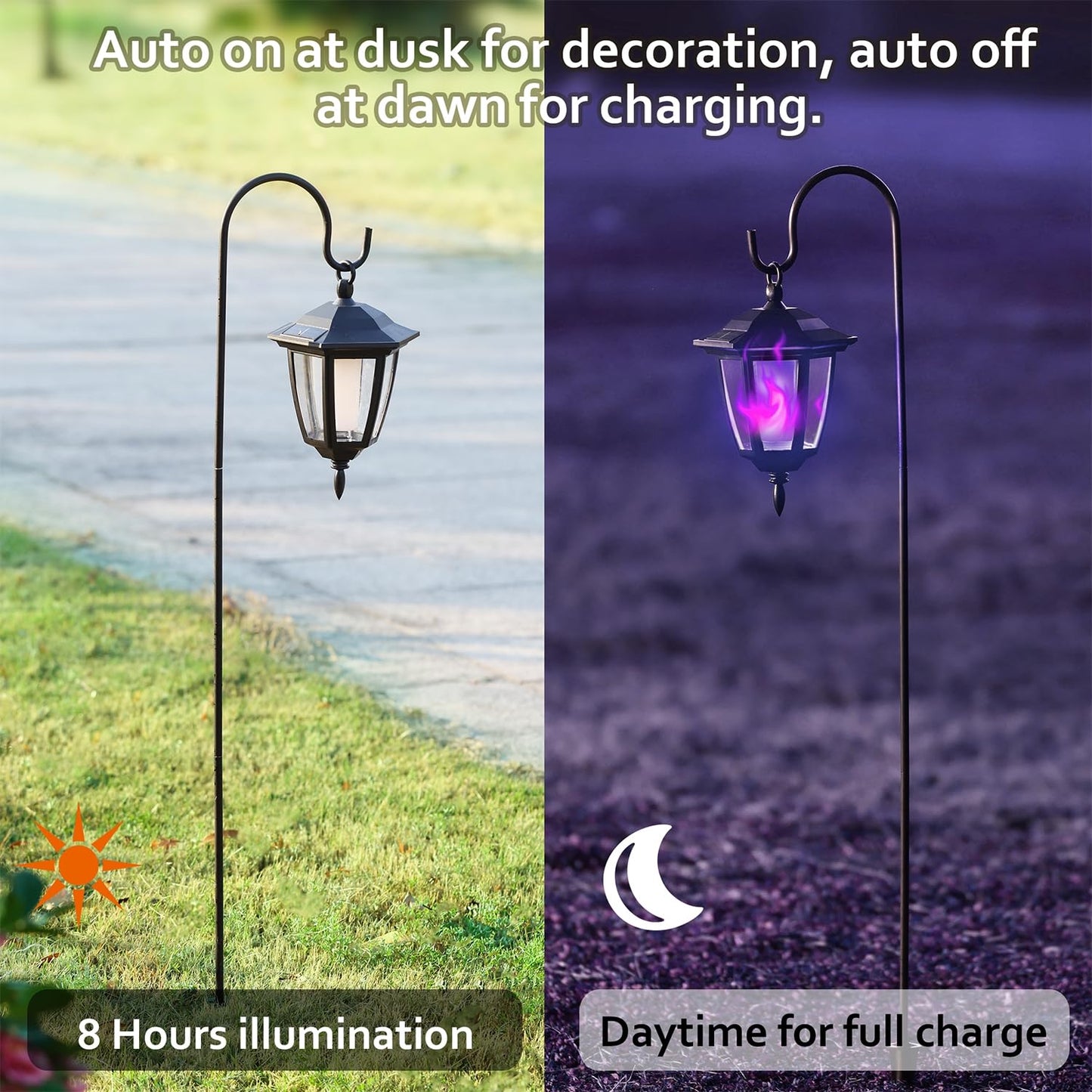 Dynaming 4 Pack Solar Halloween Flame Hanging Lights Outdoor, Flickering Flame LED Garden Lanterns with 4x38 Inch Shepherd Hooks, Landscape Lighting Waterproof for Lawn Yard Pathway Driveway, Purple