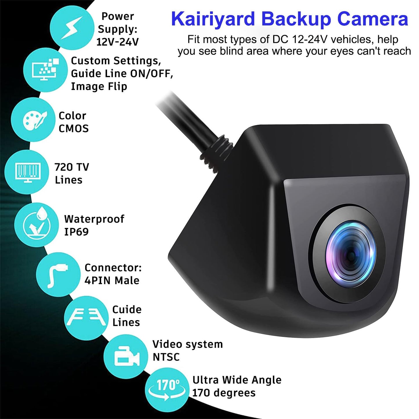 Kairiyard Backup Camera, HD Reverse Rear View Camera 170° Wide View Angel Waterproof Back up Camera Systems for Cars Trucks Pickup SUVs RVs Vans