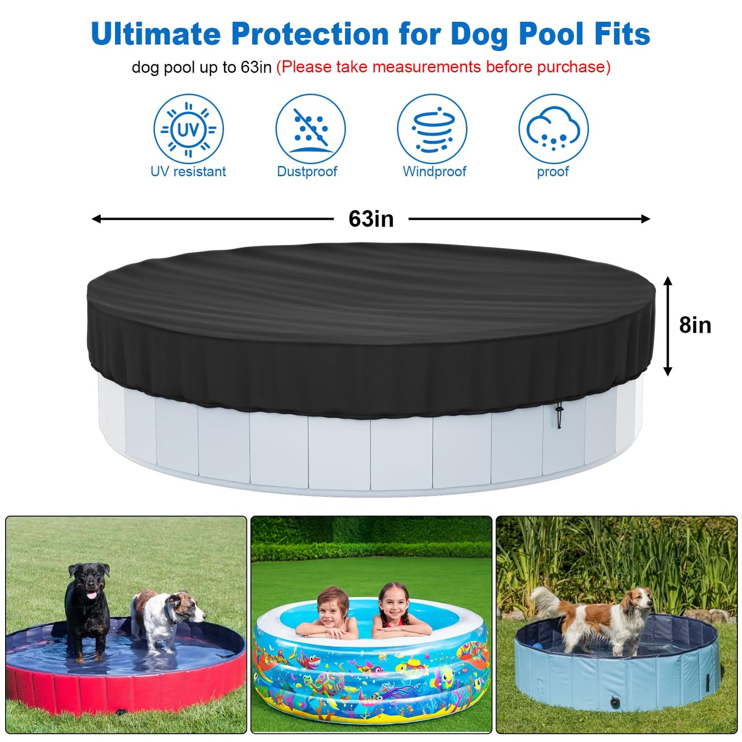 63" Foldable Dog Pool Cover, Round Swimming Pool Cover for Pets Kids Bath Tub, Inflatable Pool,Anti-UV Dustproof Waterproof Pool Safety Cover,Outdoor Inflatable Paddling Cover