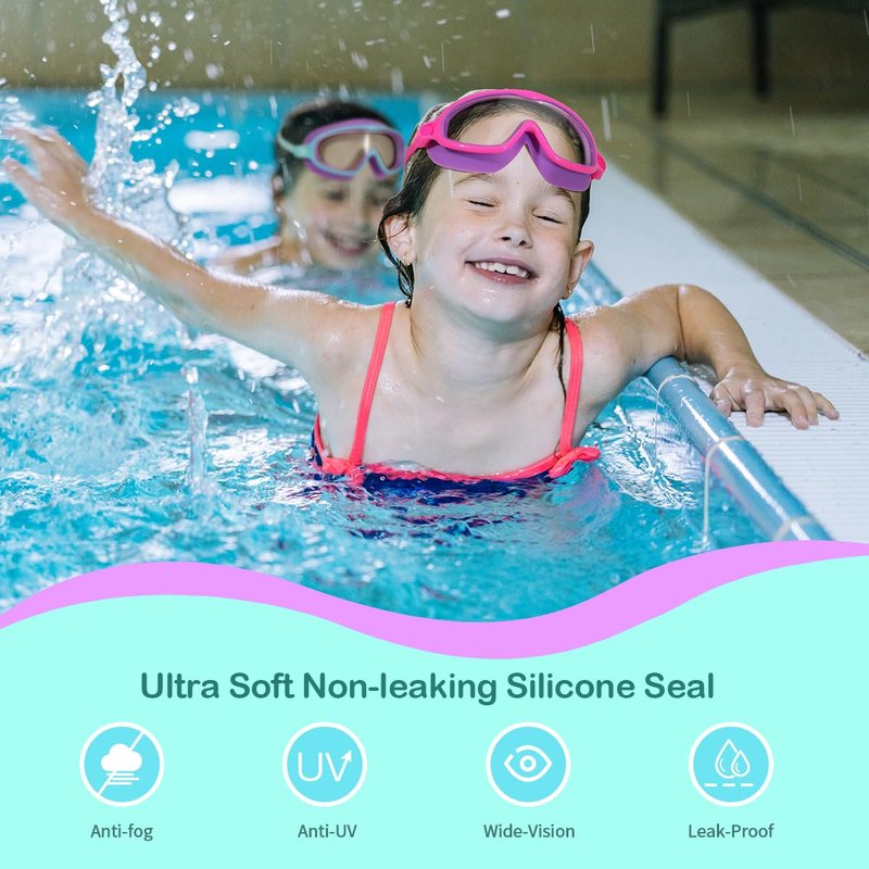 Kids Goggles for Swimming 2 Pack No Leaking Anti-Fog Outer Eye Fit with Wide View UV Protection Crystal Clear Watertight Swim Goggles with nose cover Suitable for Children Youth Boys Girls Age 3 to 14