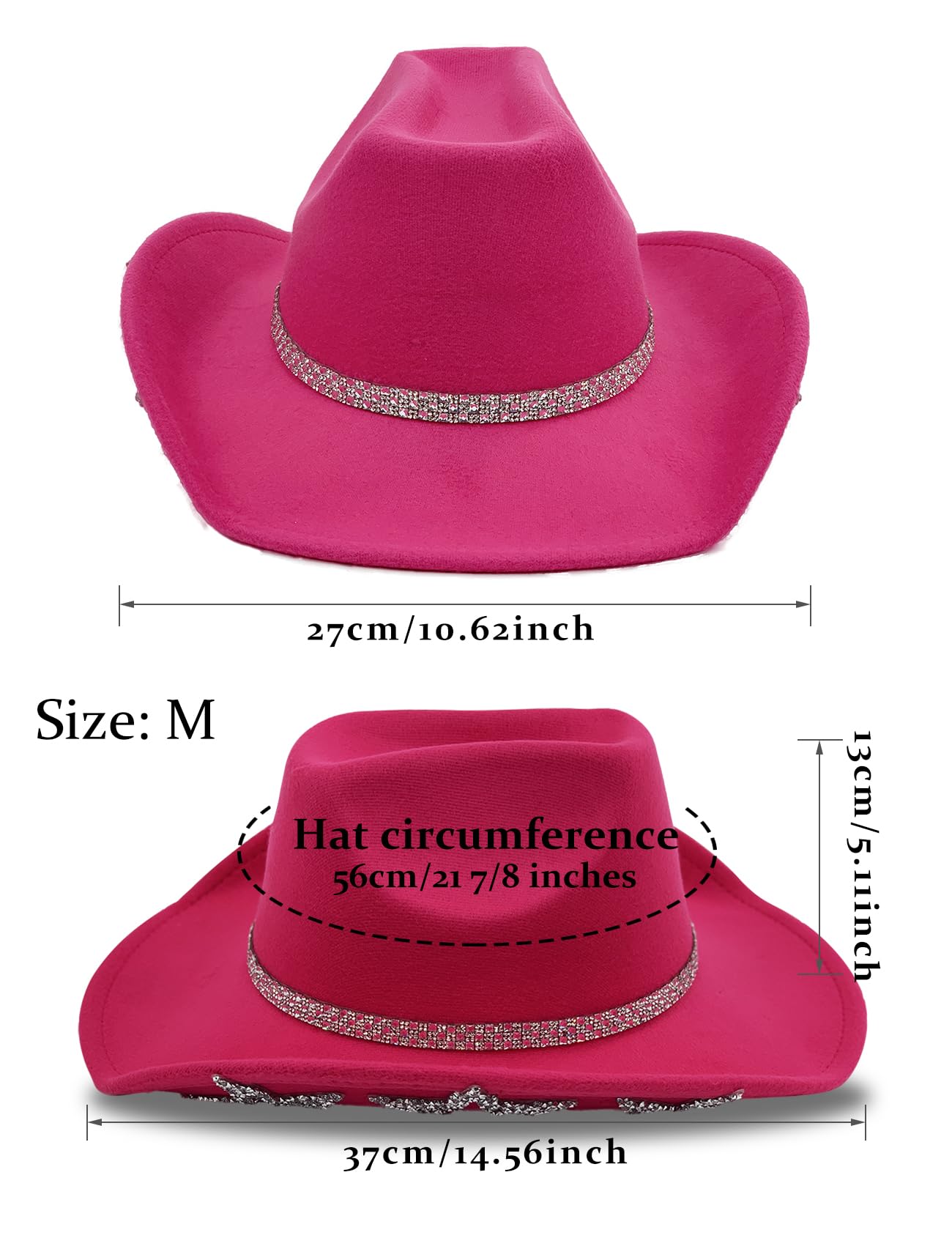 JICASTO Cowboy Hat for Women Men 6 Sparkly Stars Brim & Rhinestone Belt Western Cowgirl Hat with Sunglasses Bandanas (US, Alpha, One Size, Hot Pink)