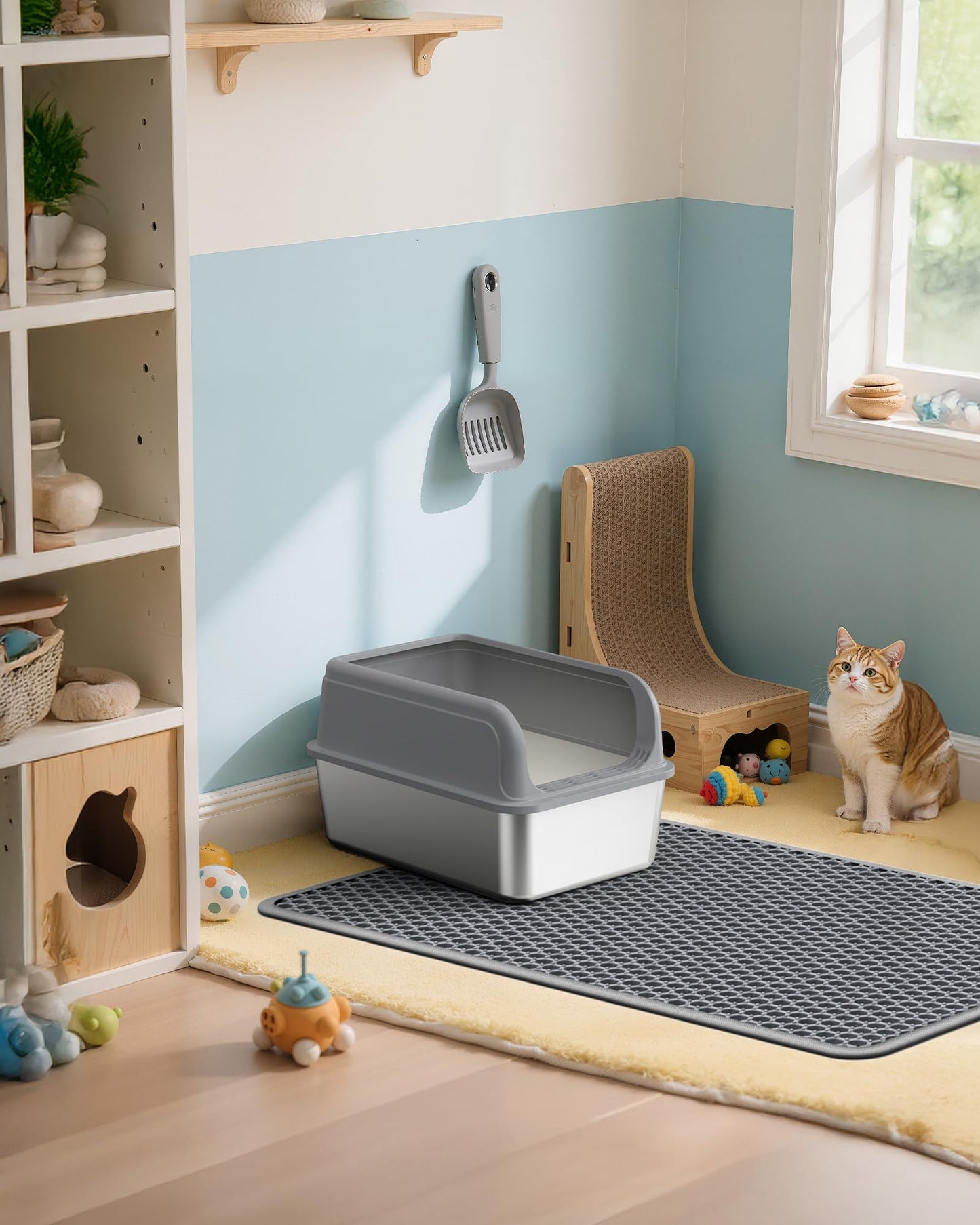 Cat Litter Mat - 30'' x 24'' Large Litter Trapping Mat, Easy to Clean Litter Box Mat, Waterproof, Urine-Proof, Non-Slip, Cat Toilet Training Systems Accessories, Grey