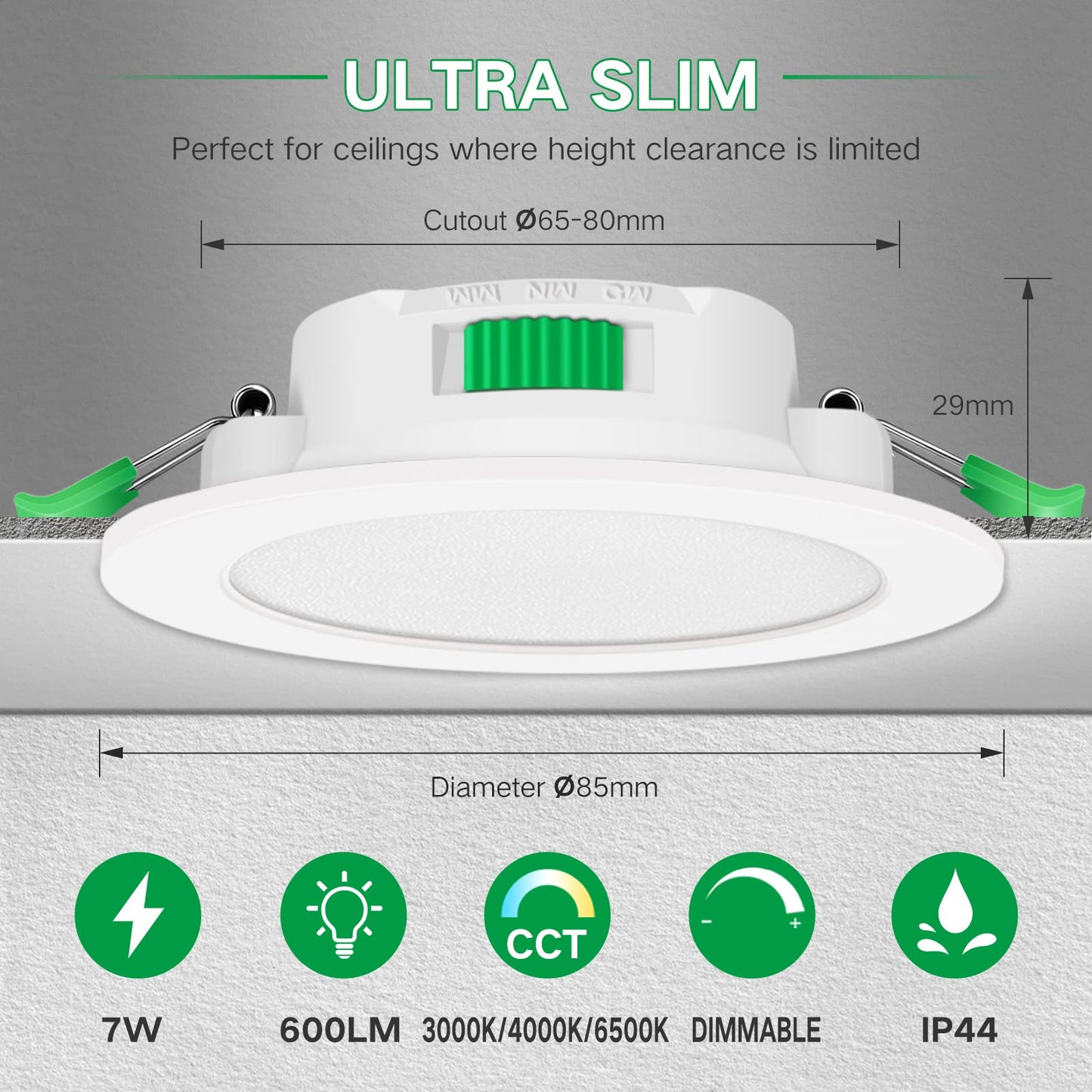 ALUSSO LED Downlights Dimmable 7W IP44 Slim Recessed Ceiling Lights, 3CCT 3000K Warm 4000K Neutral 6500K Cool Adjustable Bathroom Spotlights, White, 6 Pack