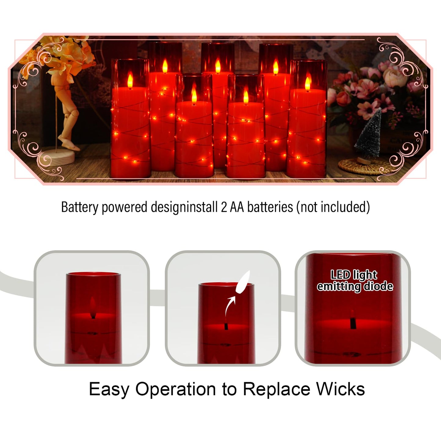 Eebuss Flameless Candles with Embedded Star String, Battery Operated LED Pillar Candles with Timer and Remote Control,Home Decorating for Ambiance, Set of 7 (Red)
