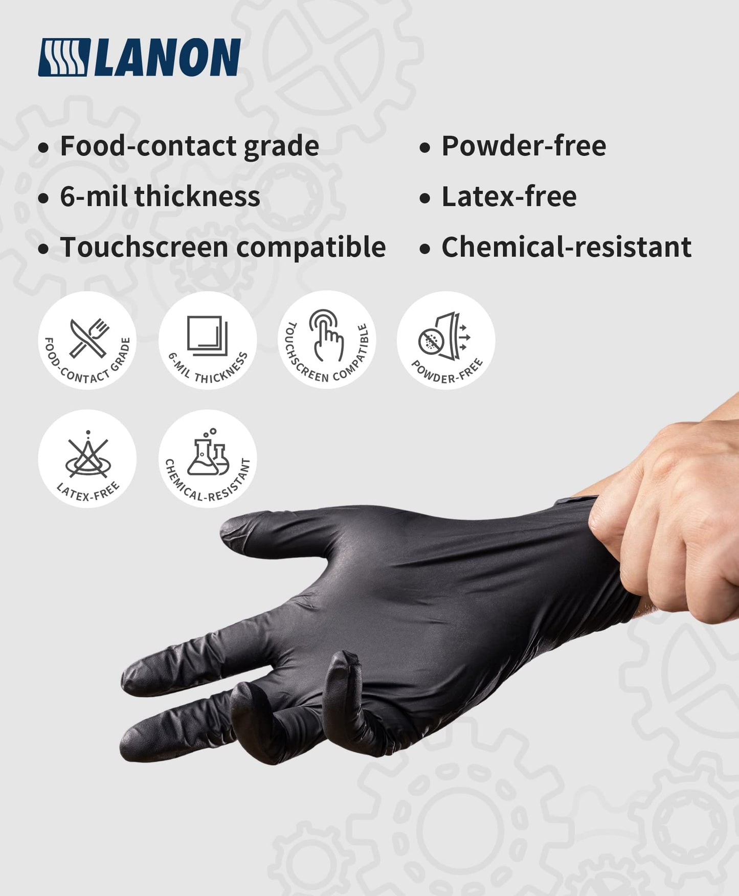 LANON 6 mil Black Nitrile Disposable Gloves, 3x Thicker Heavy-Duty Gloves, Food Grade, Powder-Free, Latex-Free, Textured Fingertips, EN 374, Large(Pack of 100)