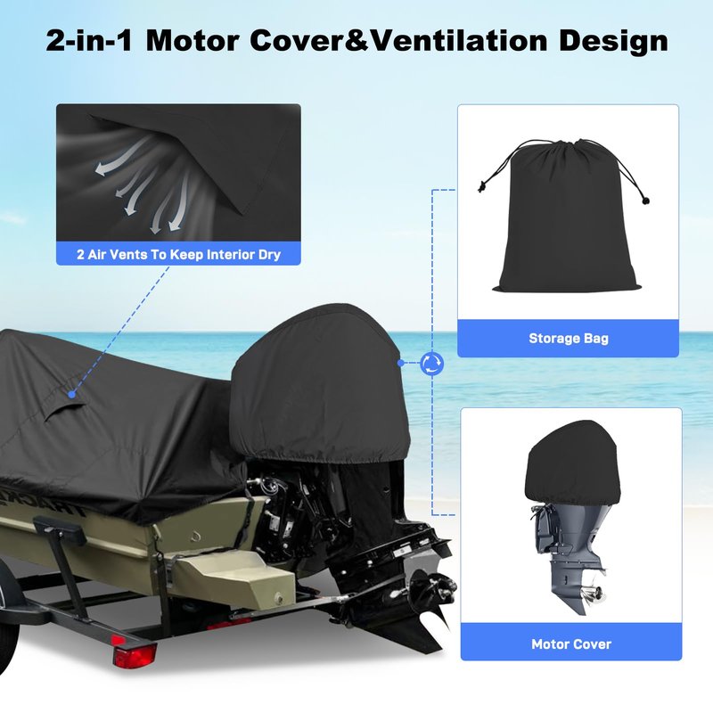 Caminor Boat Cover 16-18.5ft, Bass Tracker Boat Cover with Sand Bag Mooring Kit, 1200D Marine Canvas Waterproof Heavy Duty Boat Covers for 16 feet 17ft 18' Foot V Hull Bass & Runabout Boat,Black
