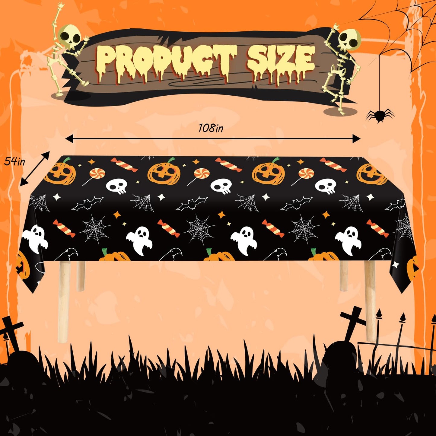 JHDZDHY 6 Pack Halloween Pumpkin Ghost Tablecloth, 54" x 108" Rectangular Plastic Spider Web Table Cloth Large Size Halloween Table Covers for Home Decor Party Decorations (Halloween Pumpkin Ghost)