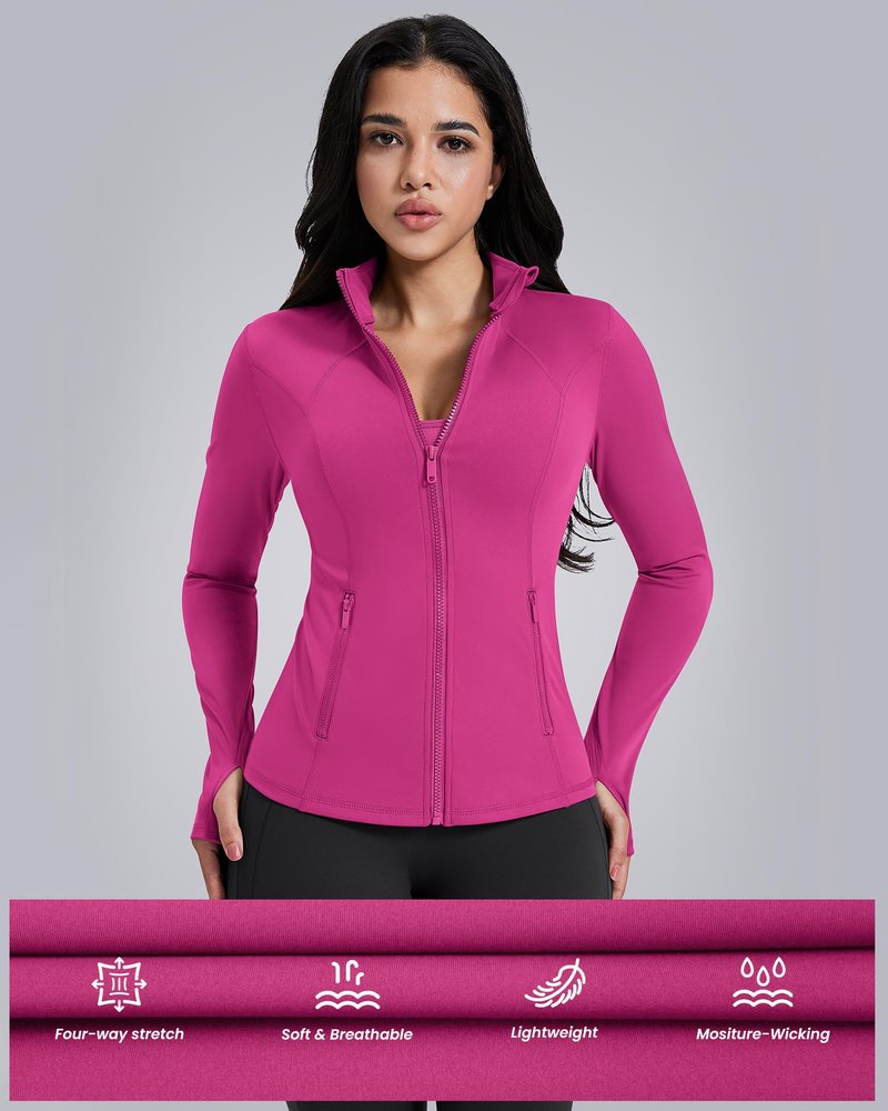 AVGO Womens Workout Jackets Lightweight Athletic Zip Up Jacket Slim Fit Running Gym Top with Pockets & Thumb Holes(Hot Pink, XS)
