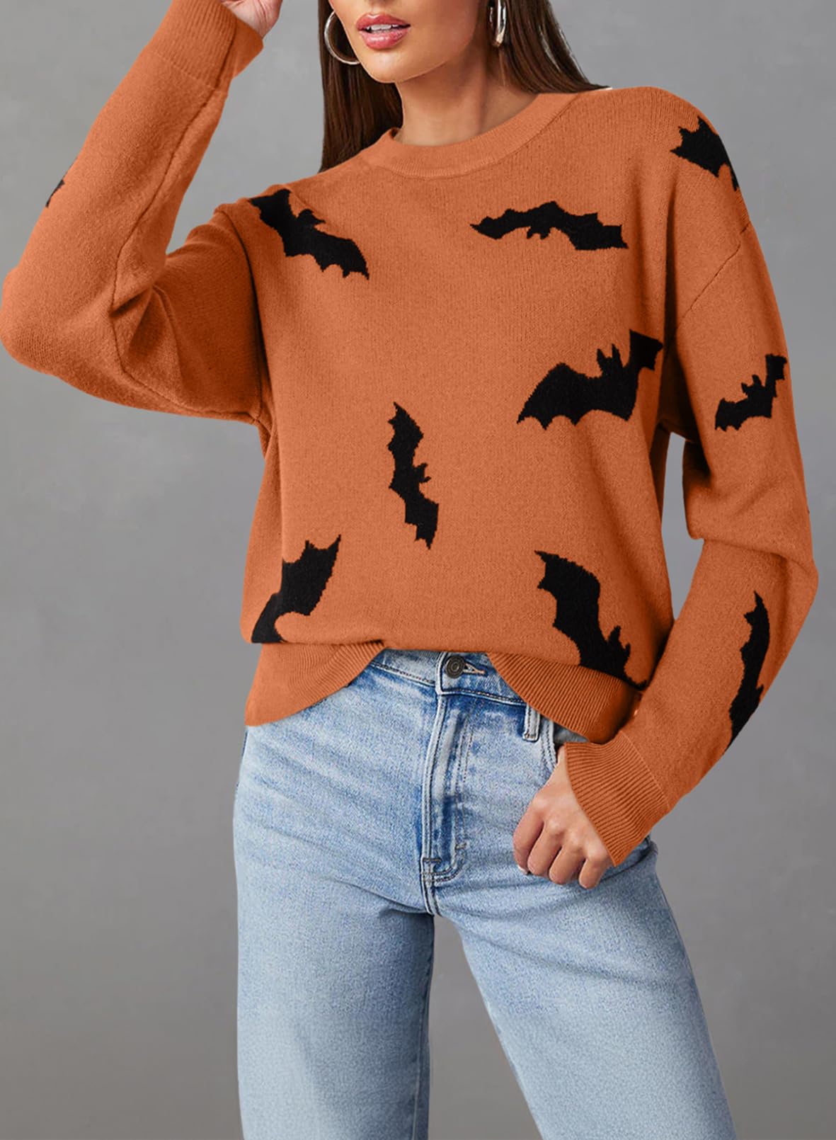 Dokotoo Womens Halloween Sweaters Crewneck Long Sleeve Bat Pattern Loose Fit Pullover Sweaters Cute Spooky Warm Cozy Autumn Winter Sweater Tops Casual Holiday Fall Clothes Orange XL
