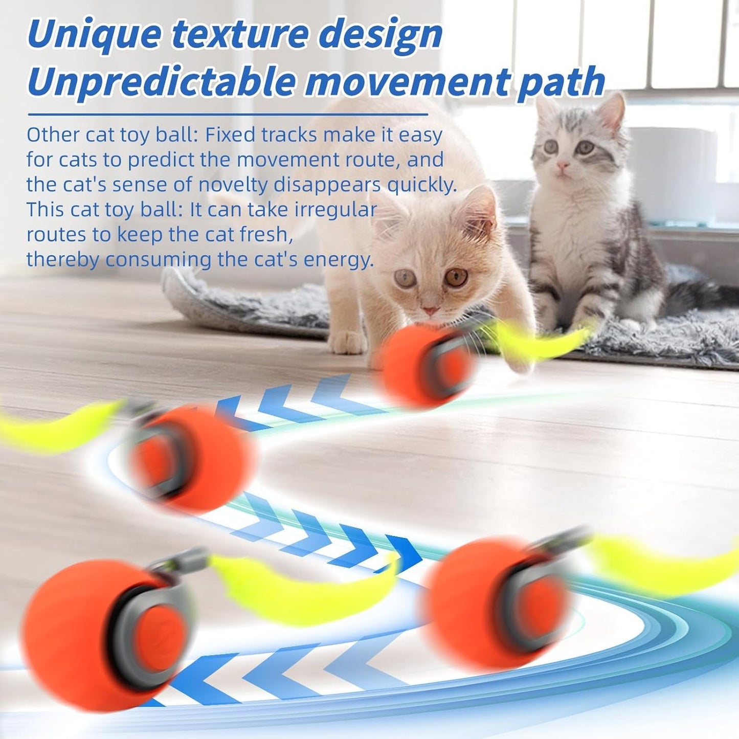 FXBUAF Speedy Tail 2.0, Automatic Moving Cat Toy Ball with Tail, Smart Interactive Cat Toy Ball, Two Speed Adjustment(Orange + Blue)