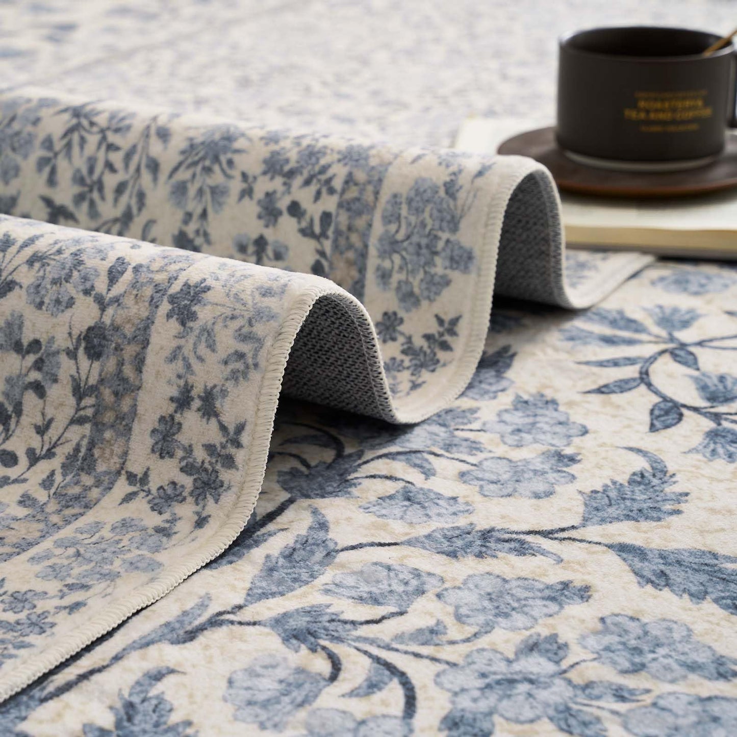 jinchan Zenith Floral 8x10 Area Rug Soft Low-Pile Living Room Rug Machine Washable Non-Slip Vintage Botanical Aesthetic Throw Carpet for Dining Room Bedroom Nursery Blue/Cream