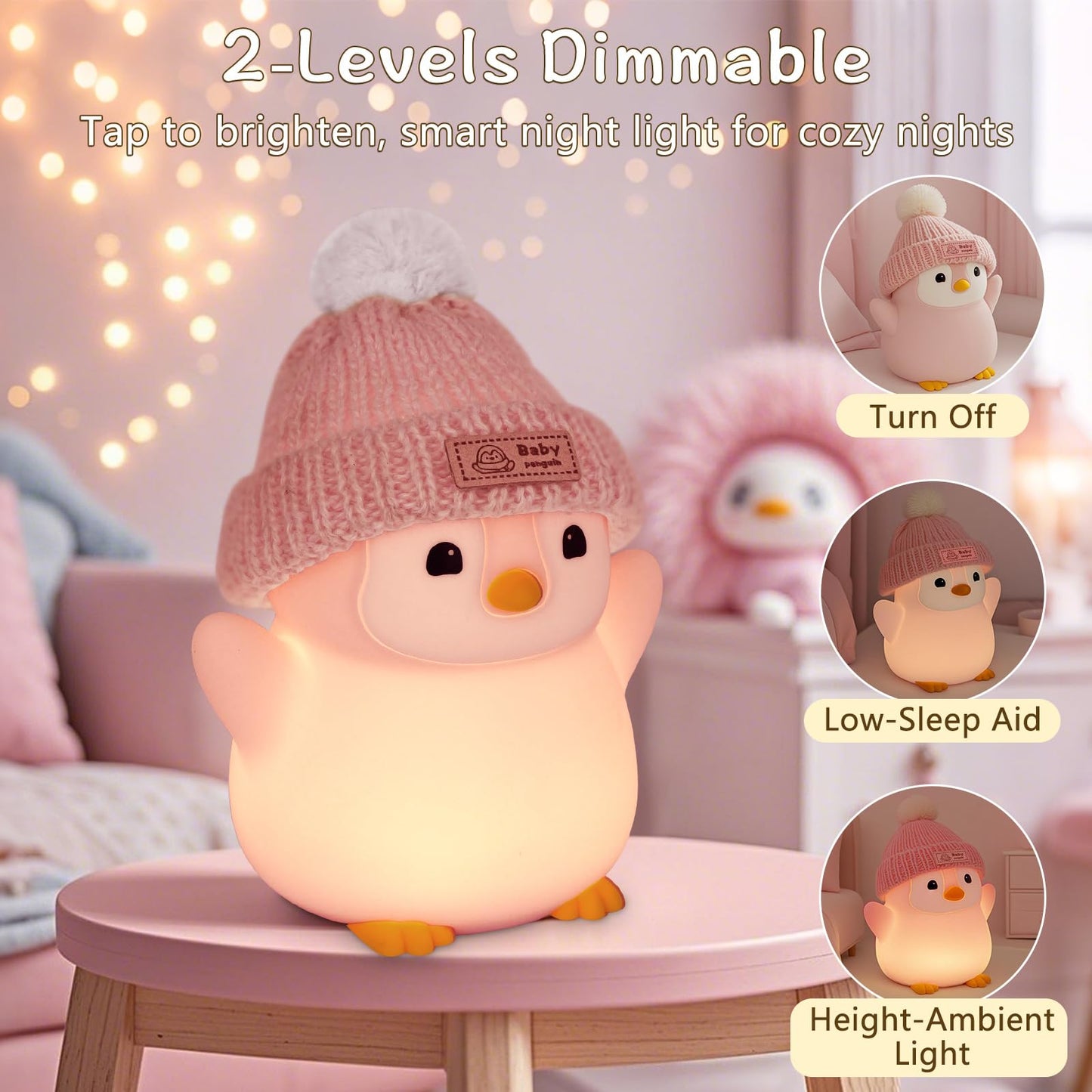 FAMIDUO Penguin Night Light, Cute Pink Penguin Lamp with Knit Hat, Soft Silicone Nursery Nightlight for Baby, Rechargeable/Dimmable/Timer,LED Squishy Novelty Animal Bedside Lamp,Funny Gifts for Kids
