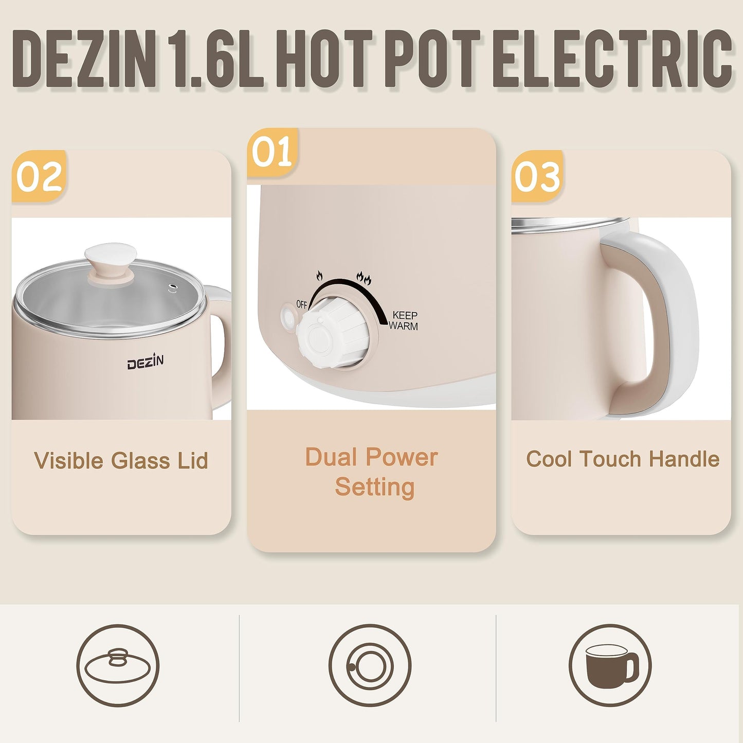 Dezin Electric Pot, 1.6L Ramen Cooker, Hot Pot Electric Stainless Steel, Multifunctional Cooker for Egg, Pasta, Soup, Porridge, Oatmeal with Temperature Control and Keep Warm Function
