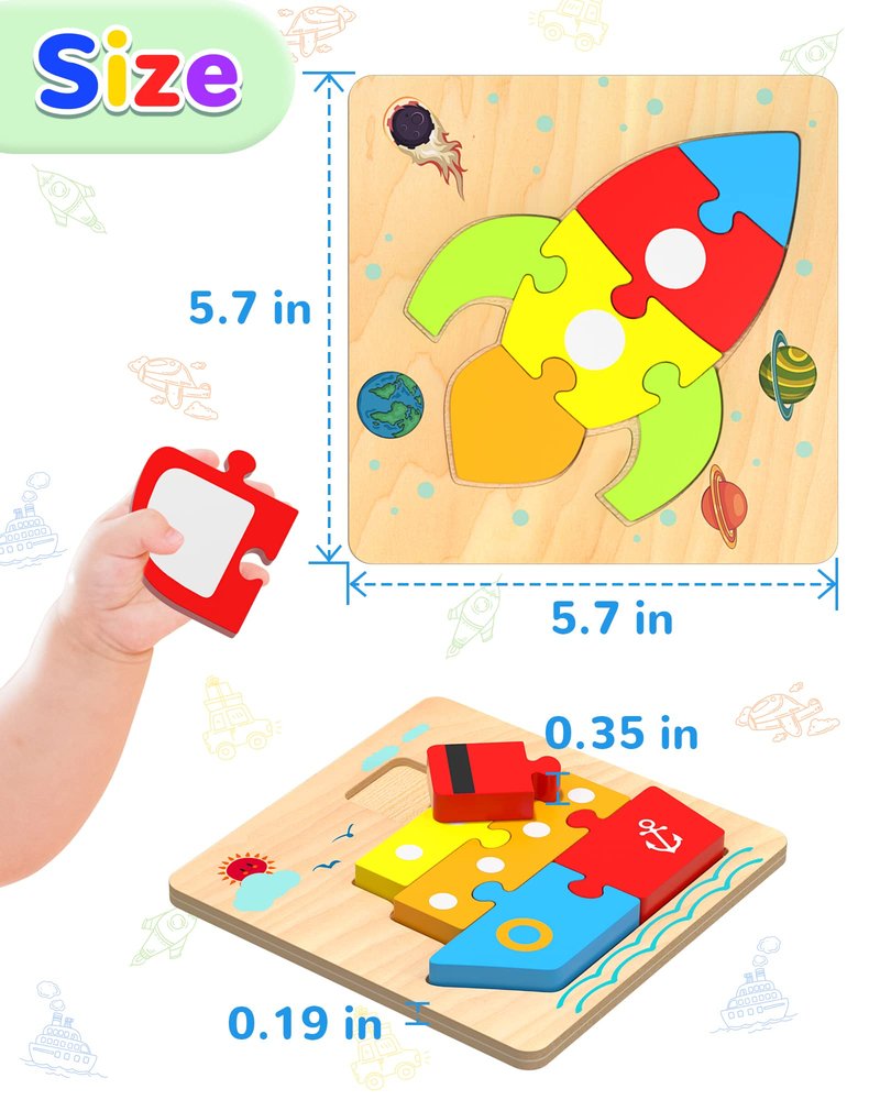 Yetonamr Wooden Toddler Puzzles Gifts Toys for 1 2 3 Years Old Boys Girls, 6 Vehicle Shape Montessori Toys Educational Blocks Kids Toys Gift Baby Learning Toy Age 1-3, 2-4