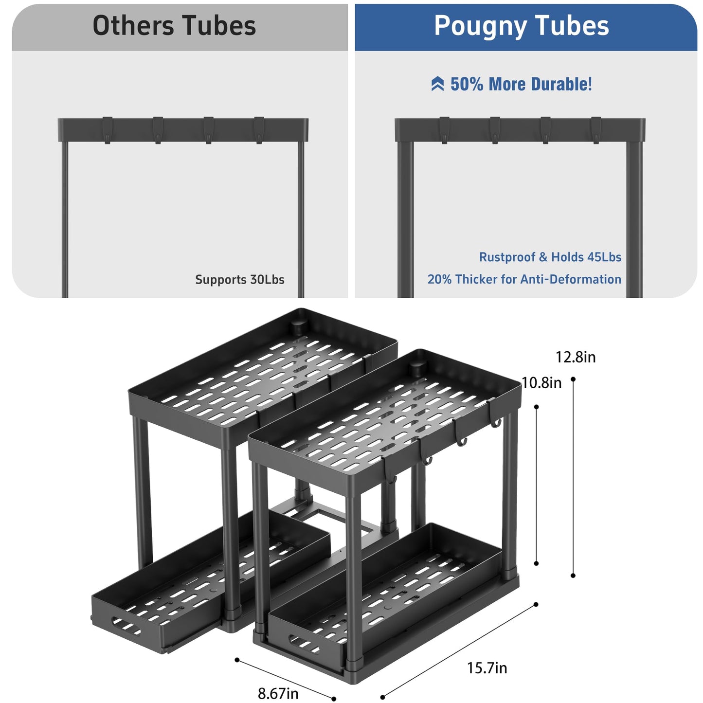 POUGNY 2PC Under Sink Organizer Rack 2 Tier Under Sliding Cabinet Basket Organizer Drawer with 4 Hooks, Multi-purpose Under Sink Storage for Bathroom Kitchen Desktop(Black)
