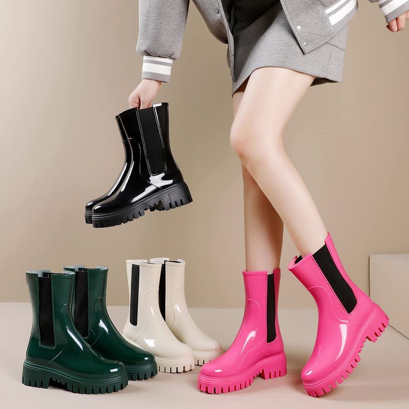 Hsttgsr Rain Boots for Women, Waterproof PVC Rubber Garden Boots Womens Chelsea Boots Short Platfrom Rain Boots, Anti-Slip Elastic Slip On Rainboots Garden Rain Shoes for Yard Farm Outdoor Work