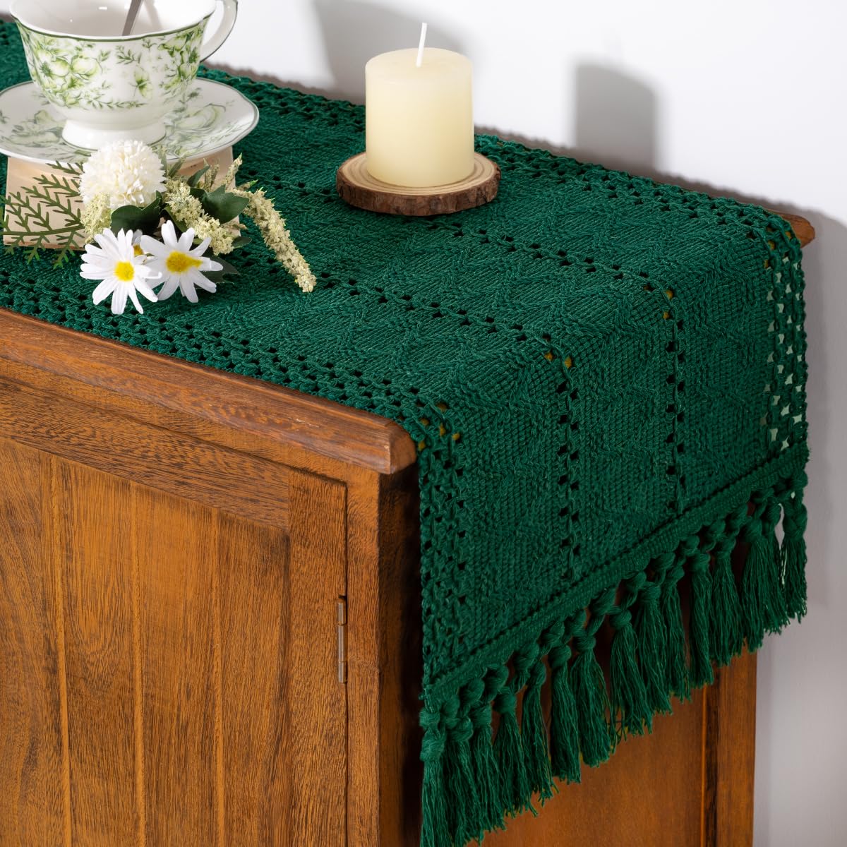 Socomi Boho Table Runner Fall Thanksgiving Farmhouse Rustic Dining Kitchen Centerpiece Decor Small Macrame Woven Cotton Linen Coffee Table Runner for Dresser Scarf Home Decor 12x48 inch Emerald Green