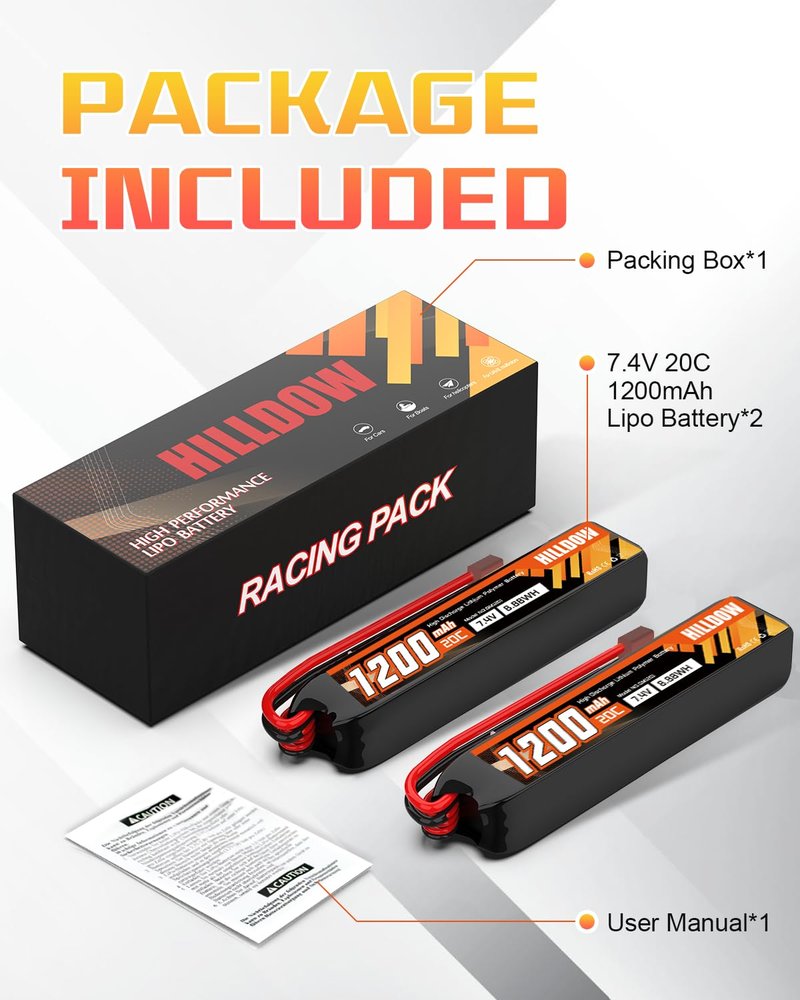 Hilldow 7.4V Lipo Battery 1200mAh 2S Rechargeable 20C Airsoft Battery with T Plug Pack Battery for Airsoft Guns Model Rifle