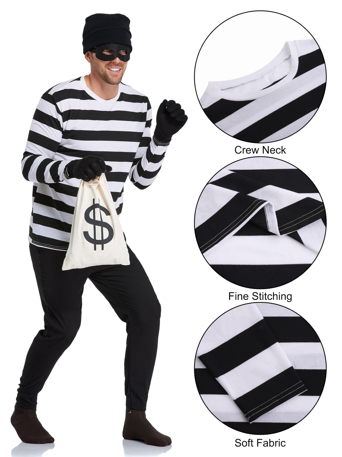 URATOT Halloween Robber Costume Set, Include Striped Long Sleeve T-Shirt Knit Cap Gloves Canvas Bags and Eye Mask