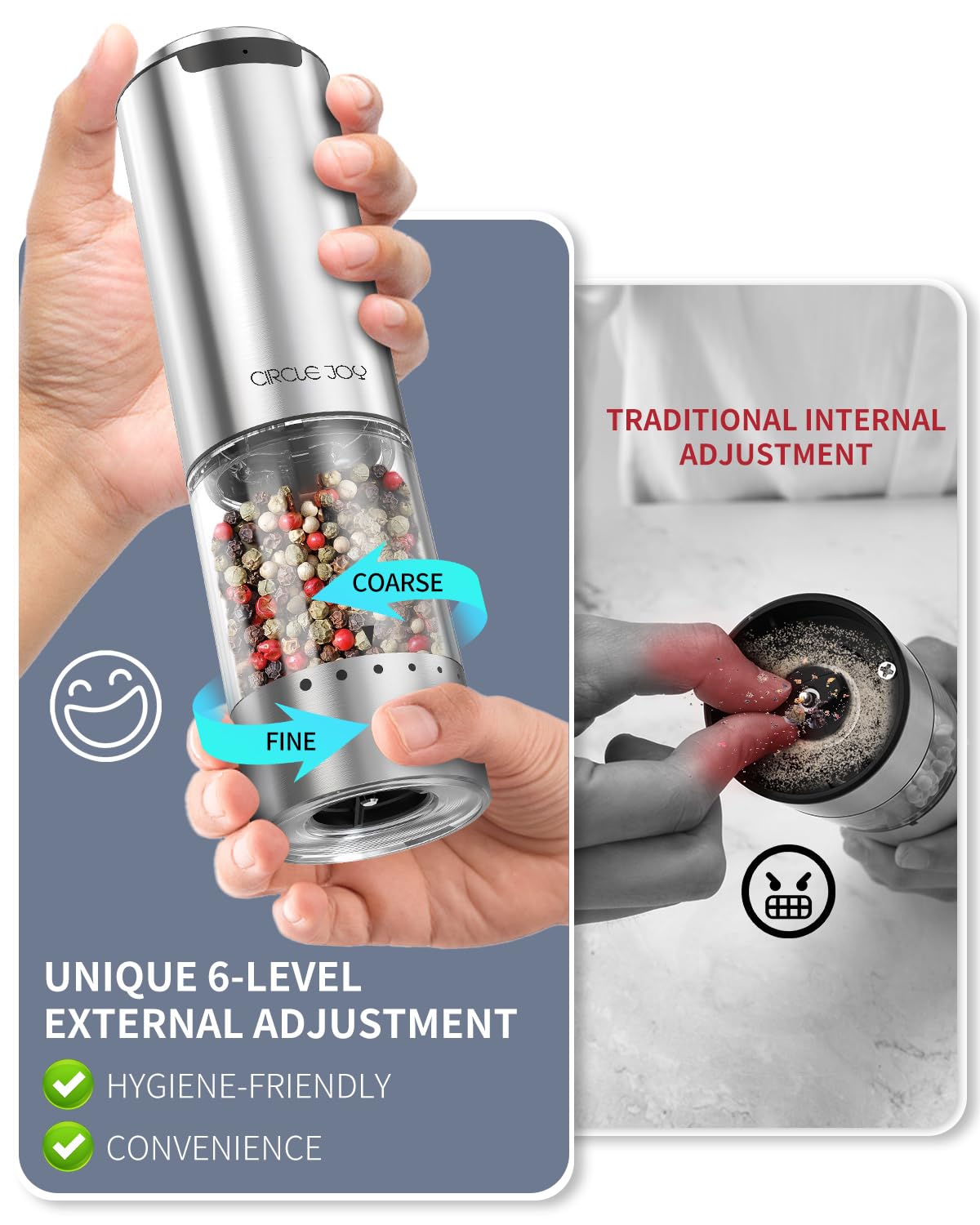 CIRCLE JOY Rechargeable Electric Salt and Pepper Grinder Set with Base, Stainless Steel Pepper Mills with Washable 95ml Container, White LED Light and External Adjustable Coarseness, Silver