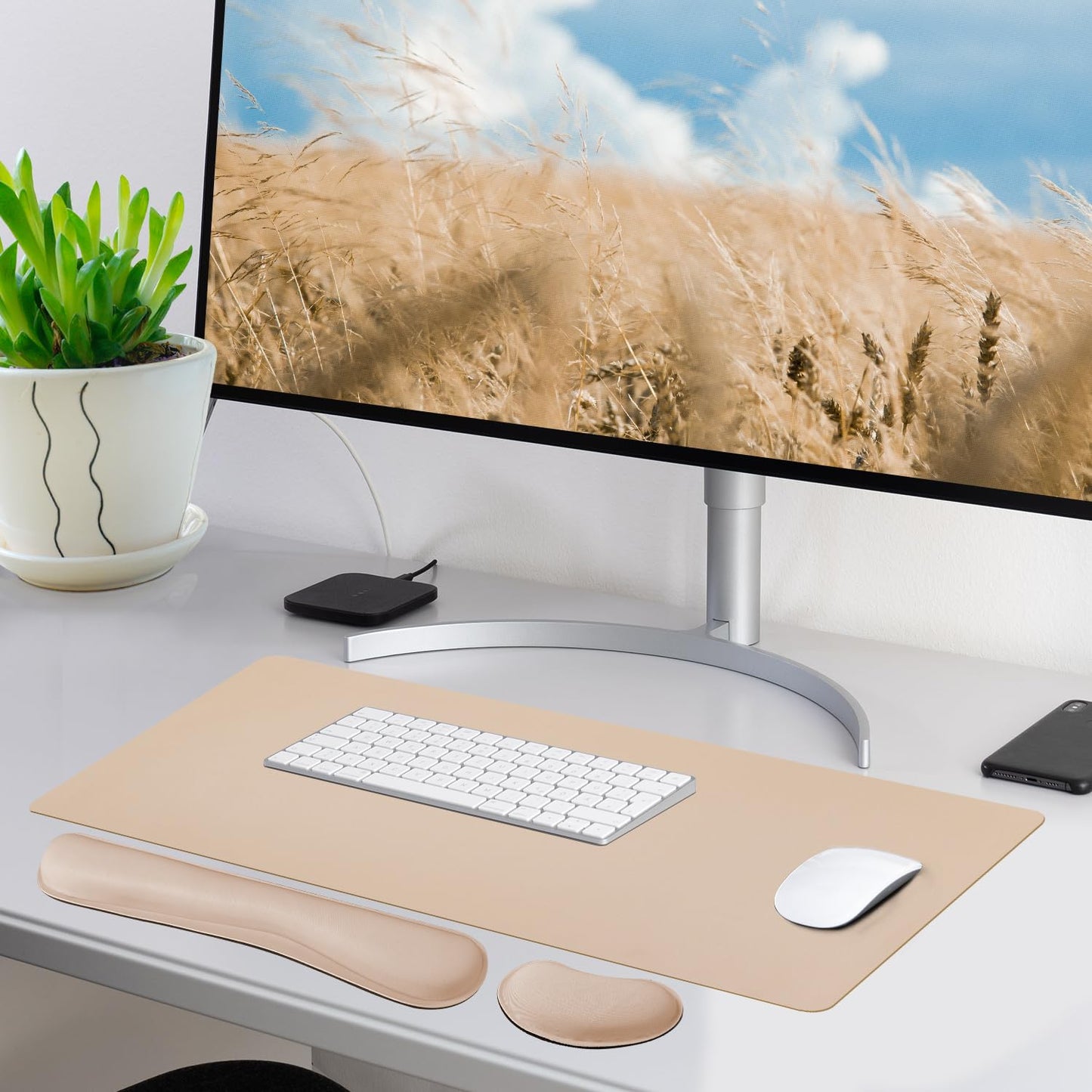 Bloss Leather Desk Pad and Keyboard Wrist Rest, Large Mouse Pad + Keyboard Pad+Mouse Wrist Support, Non-Slip Desk Mat Protector for Office, Home(31.5×15.7 Inches,Beige)
