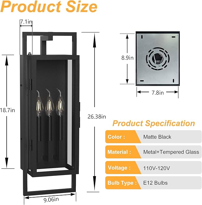 ππ.ππππ Porch Light Outdoor, Dusk to Dawn Wall Lantern with Tempered Glass, Waterproof Outside Light Front Porch Light 3-Light, Matte Black Front Open Window Wall Sconce for Patio