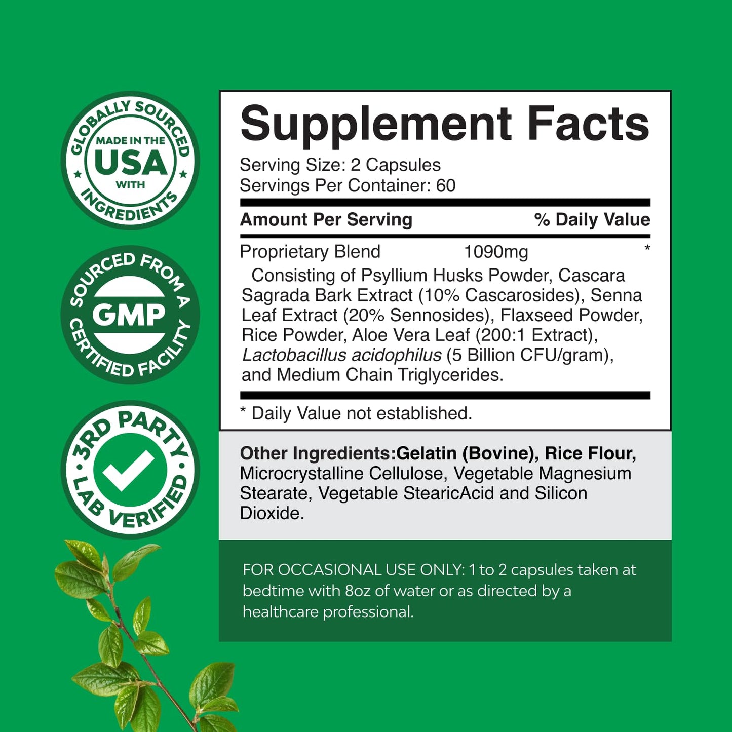 Herbal Laxative Capsules with Probiotics – Gentle Laxative for Women and Men with Senna Leaf Psyllium Husk and Cascara Sagrada - Senna Pills for Colon Cleanse and Detox Support (60 Servings)