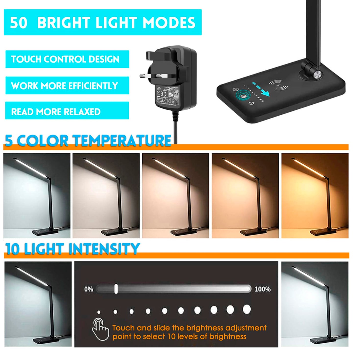 BIENSER LED Desk Lamp with Wireless Charger, USB Charging Port, Table Lamp with 10 Brightness, 5 Lighting Colors, Dimmable Eye-Caring Desk Lamps for Home Office, Touch Control, 30/60min Auto Timer