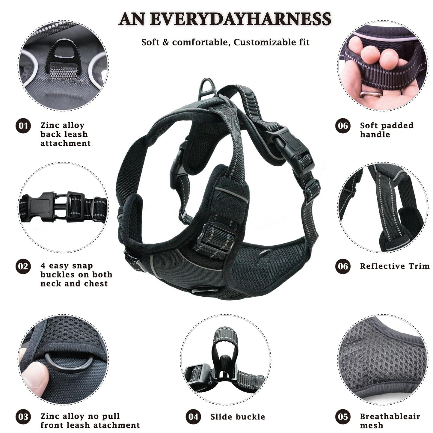 Gavpepy No Pull Dog Harness, Reflective Comfortable Vest Harness with Front & Back Easy Control Handle Adjustable Soft Padded Pet Vest for Small to Large Dogs (Large,Black)