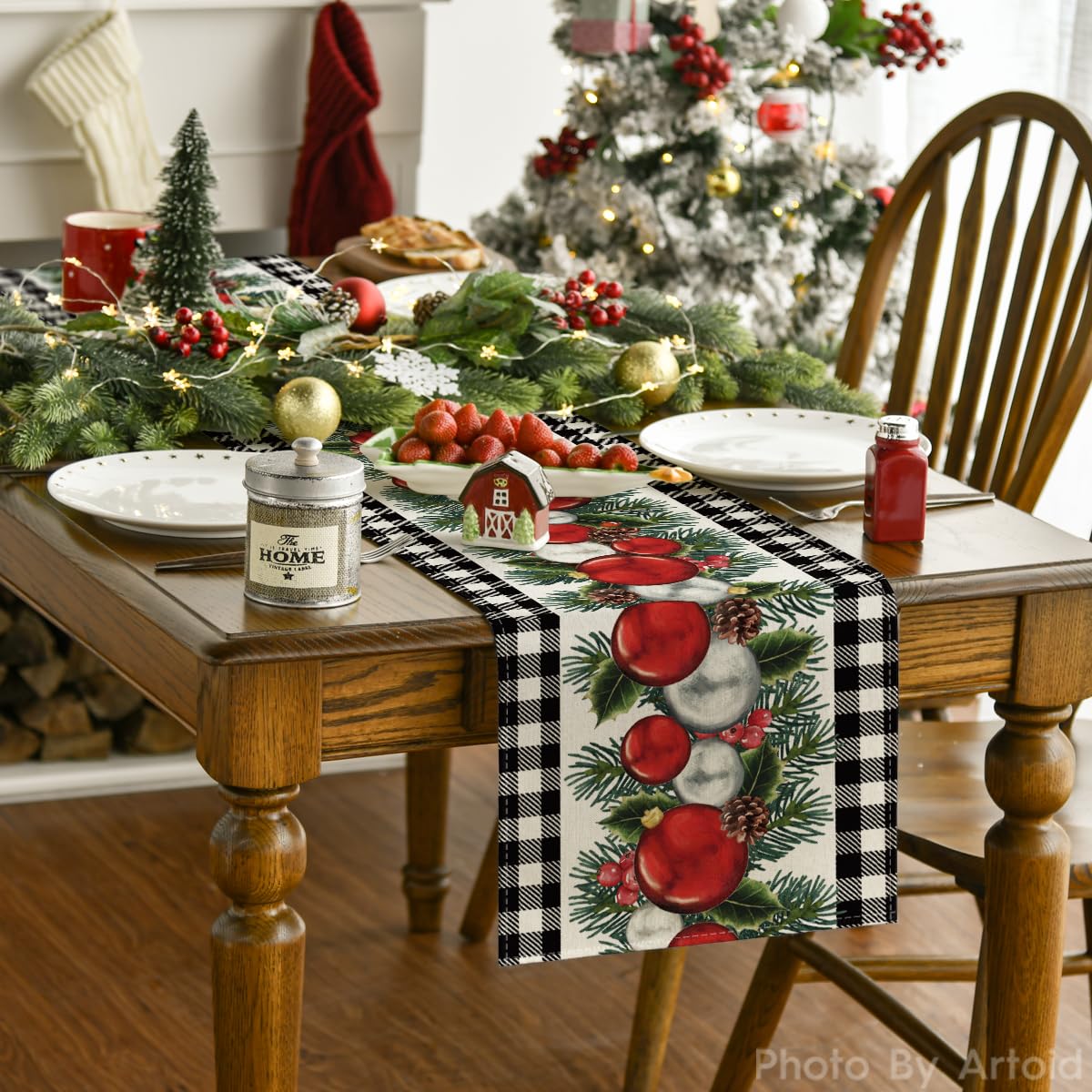 Artoid Mode Black White Buffalo Plaid Xmas Ball Holly Christmas Table Runner, Winter Kitchen Dining Table Decoration for Outdoor Home Party 13x36 Inch
