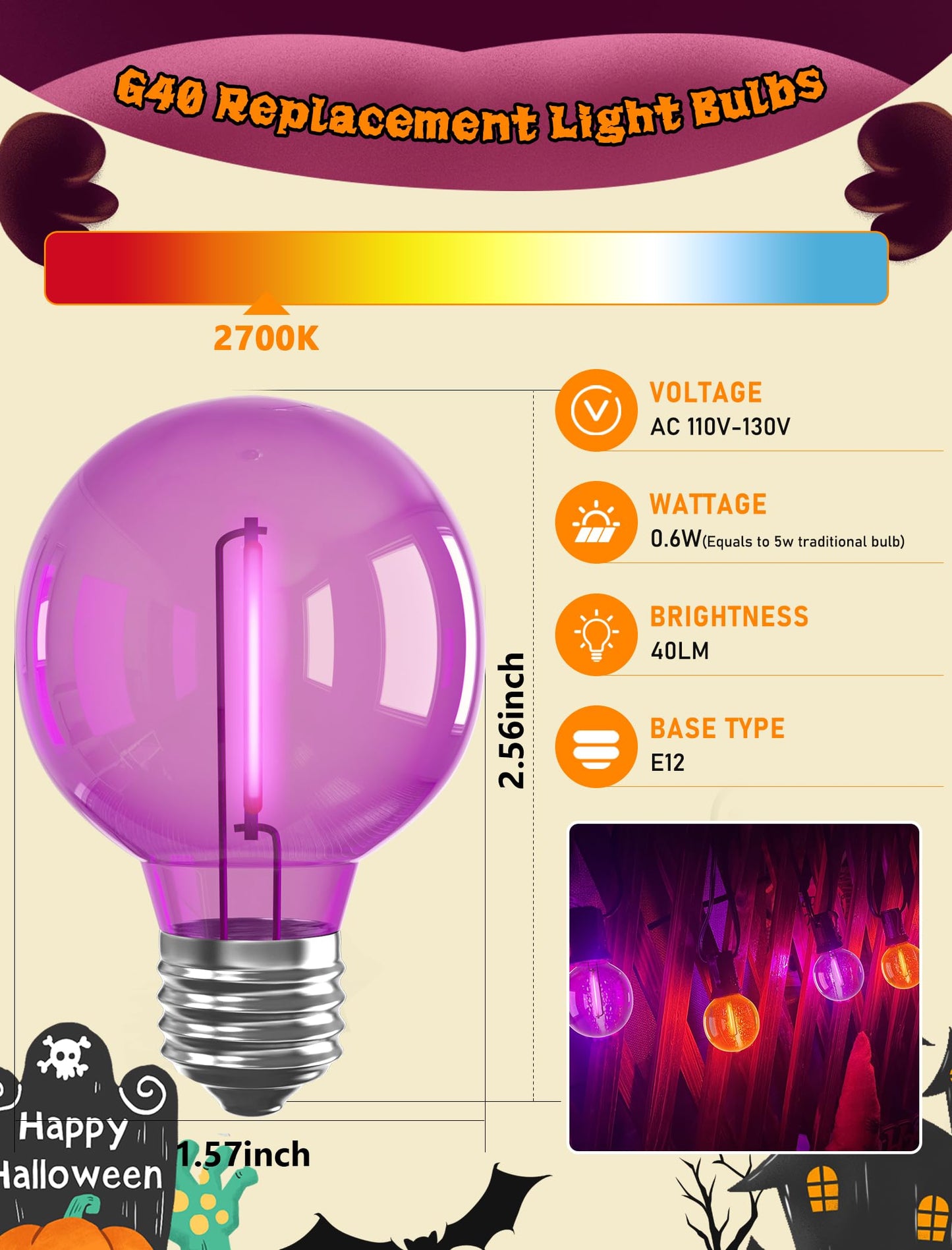 Abeja G40 Purple Orange LED Replacement Bulbs, 0.6W Halloween Bulb Shatterproof Waterproof Outdoor String Lights Bulb for Indoor Outdoor Halloween Patio String Lights, 25 Pack