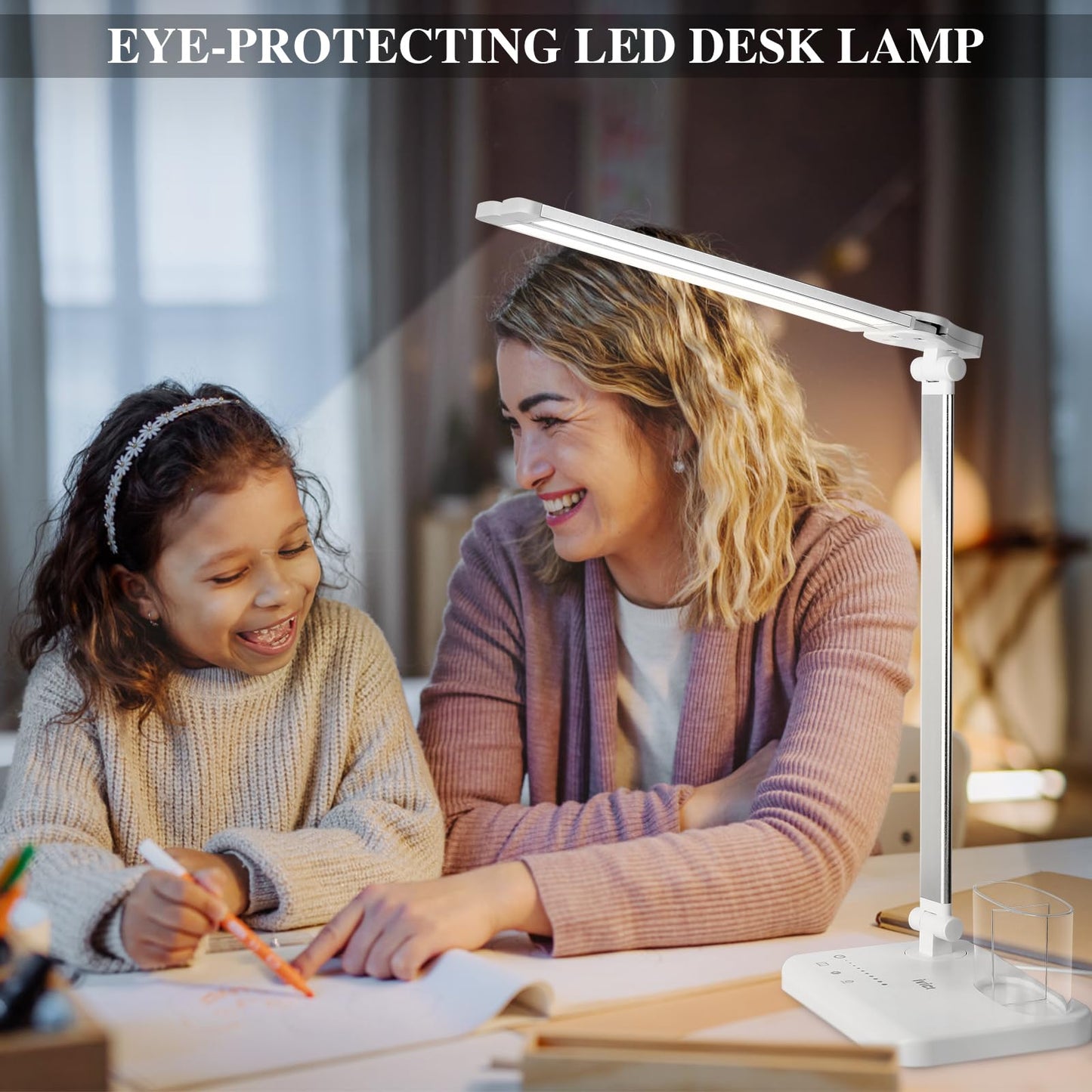 iVict Dual Swing Arm LED Desk Lamps, 5 Light Modes x 10 Brightness Levels Desk Light with USB Charging Port, 45 Minutes Auto Timer Table Lamp, Desk Lamp for Home Office, Bedroom, Reading