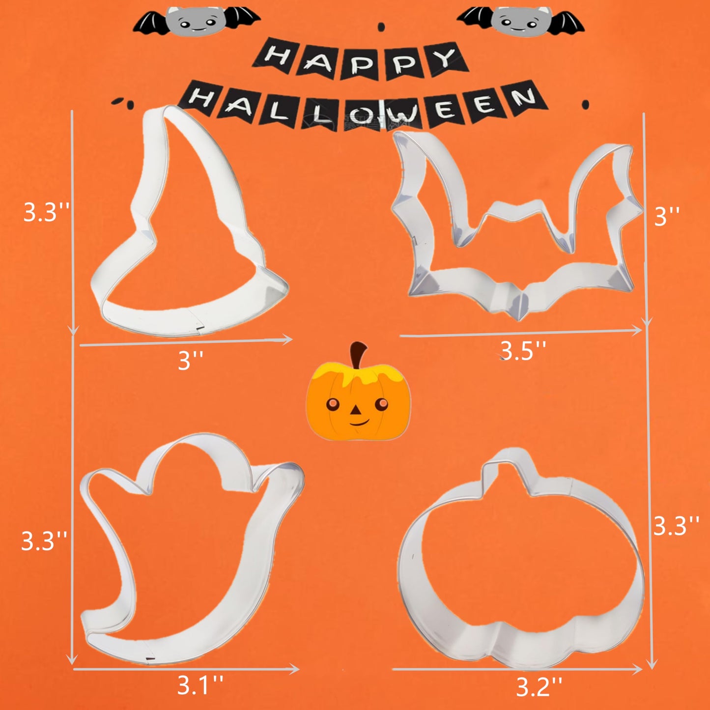 4PCS Large Halloween Cookie Cutters, Stainless Steel Metal Molds Pumpkin, Bat, Ghost, Wich's Hat Cookie Cutters with Decorating Instructions